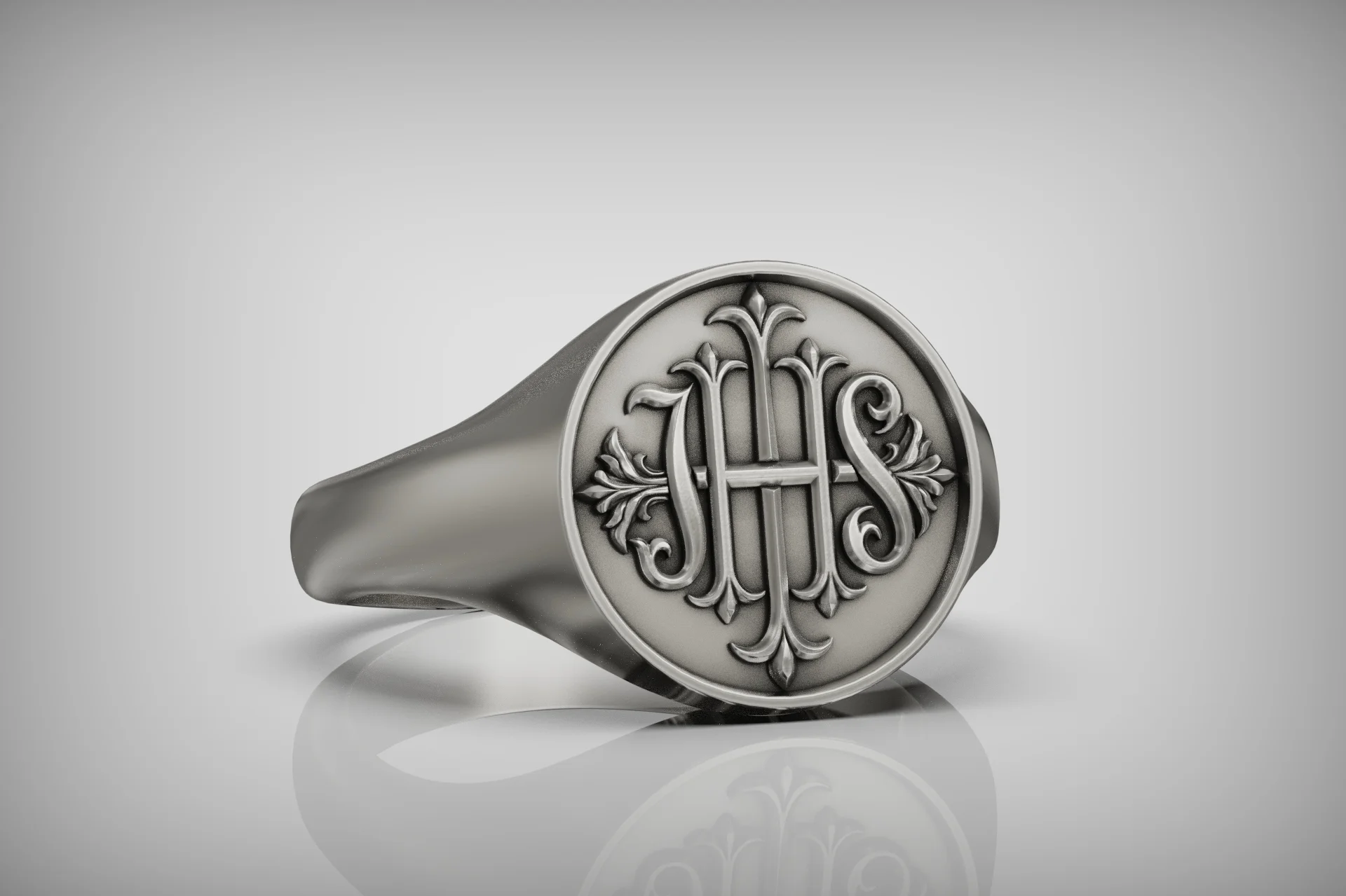 Ornate IHS Christogram Religious Signet Ring — view 5