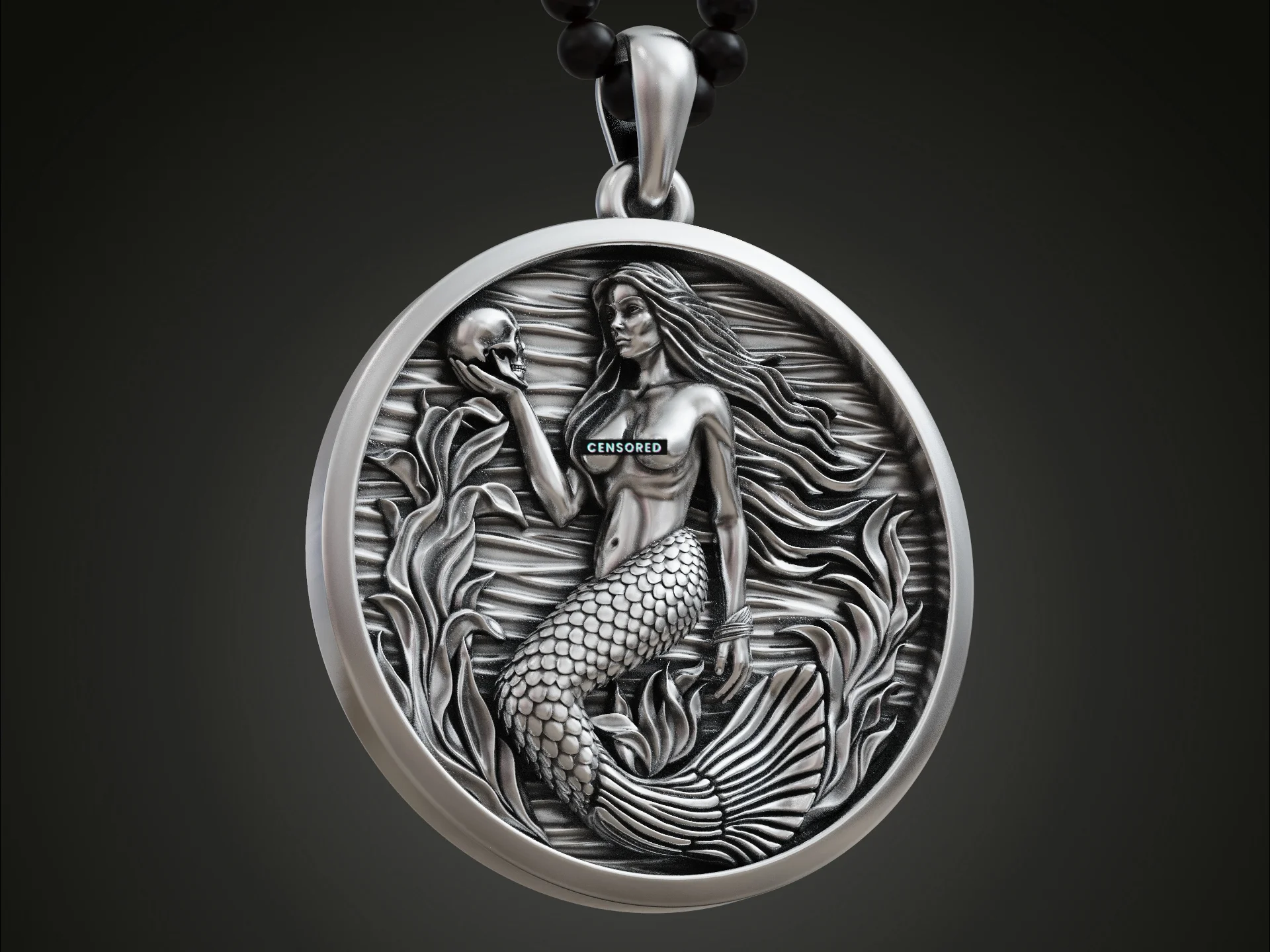 Gothic Mermaid Skull Medallion Pendant — view 4