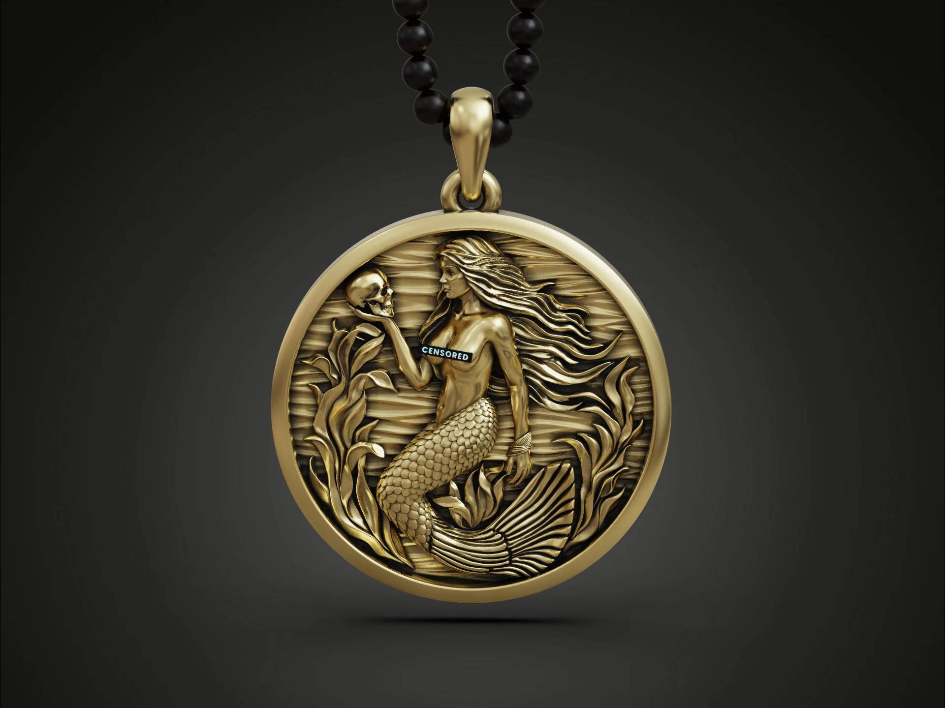 Gothic Mermaid Skull Medallion Pendant — view 2