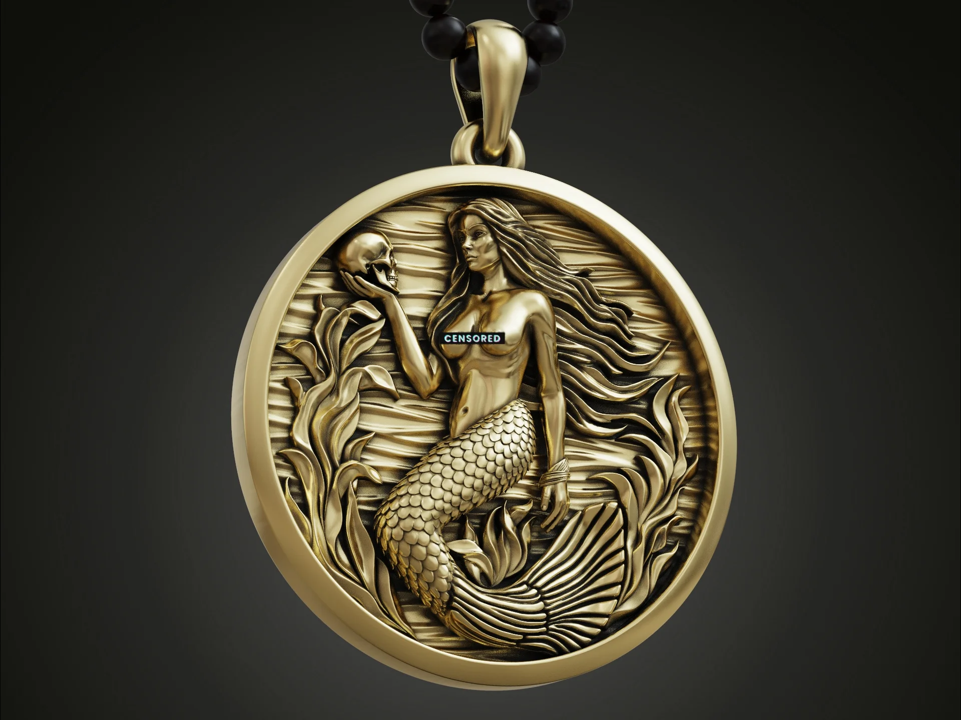 Gothic Mermaid Skull Medallion Pendant — view 3
