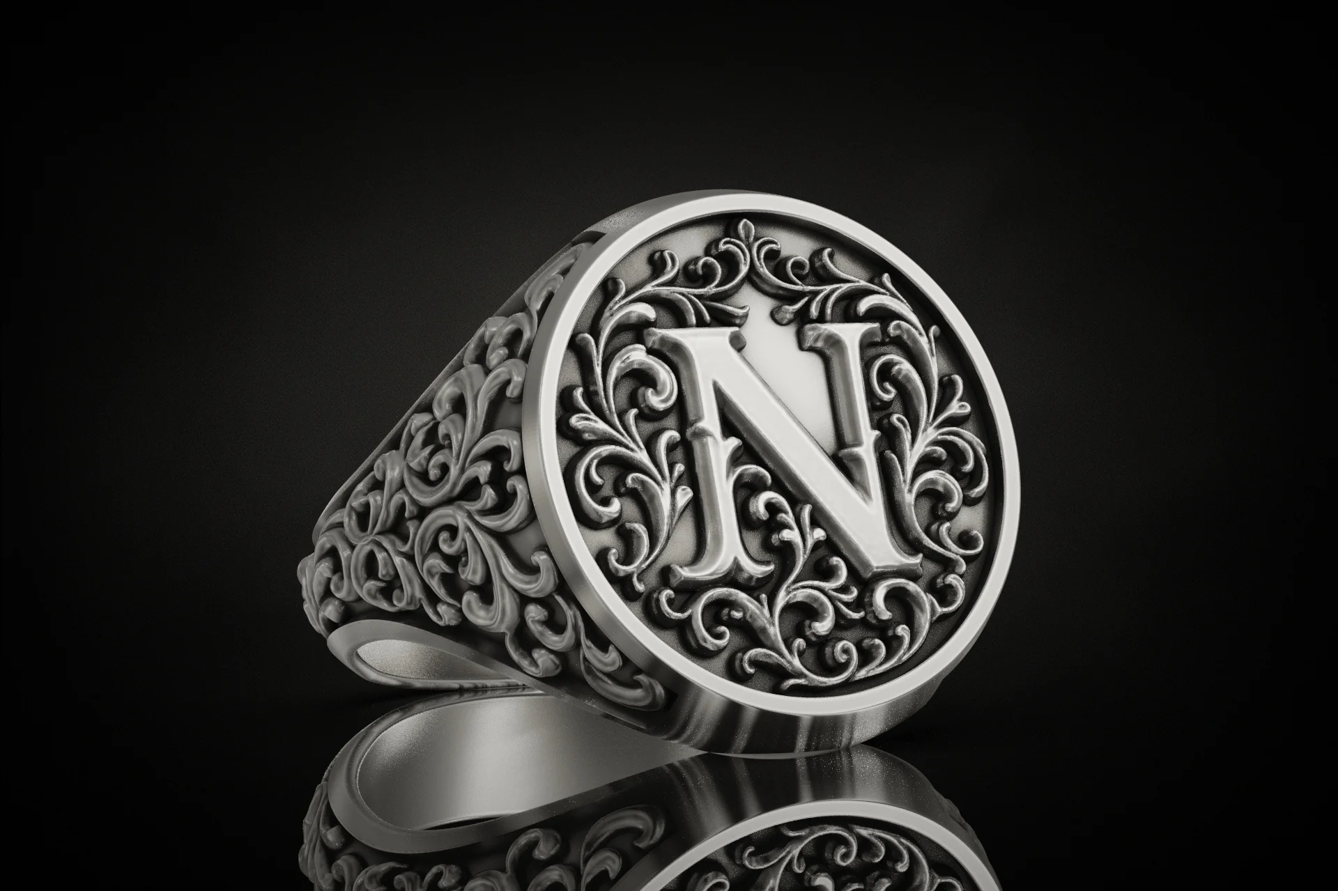 Baroque Scrollwork Letter N Initial Signet Ring