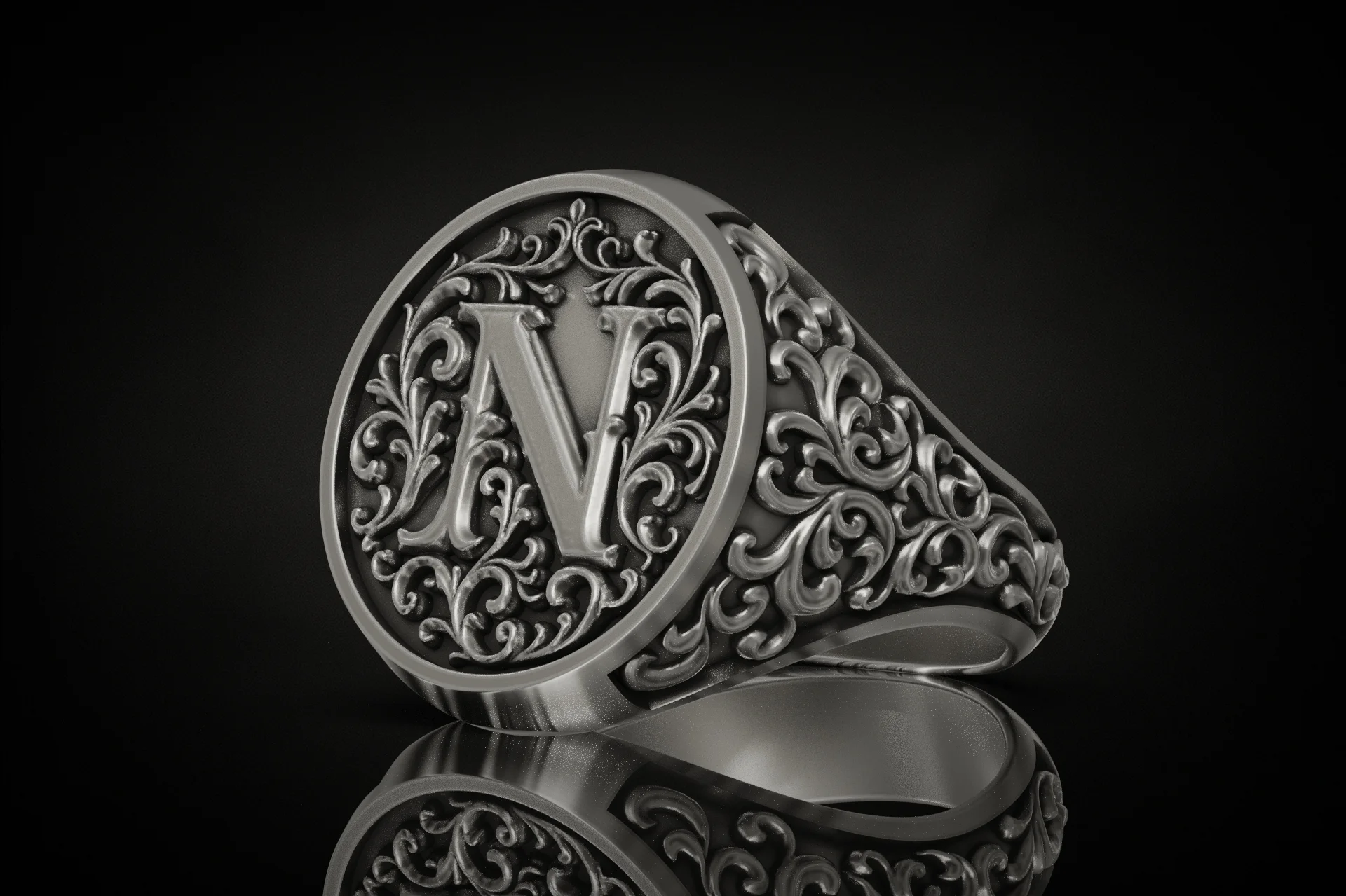 Baroque Scrollwork Letter N Initial Signet Ring — view 2