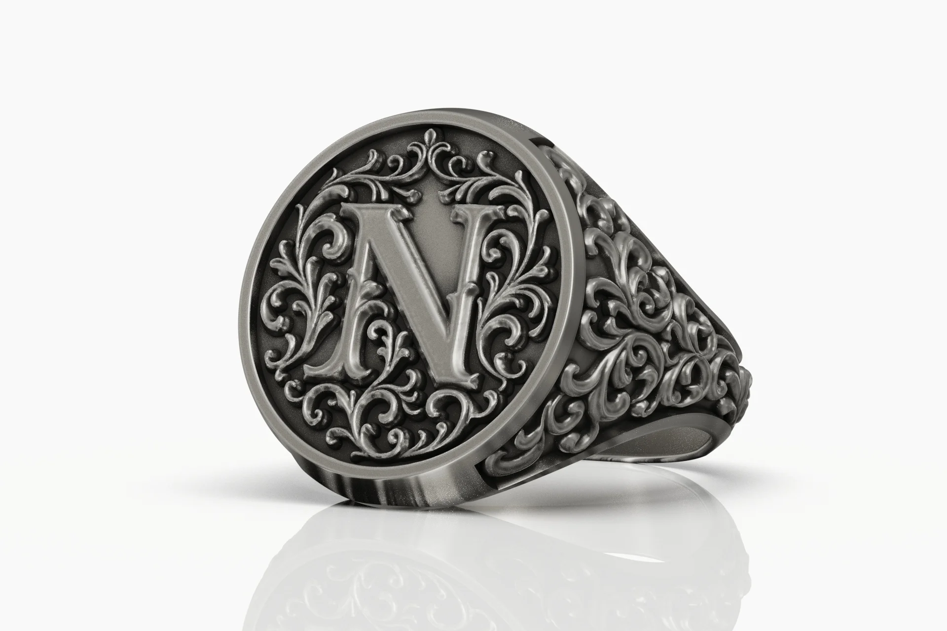 Baroque Scrollwork Letter N Initial Signet Ring — view 5