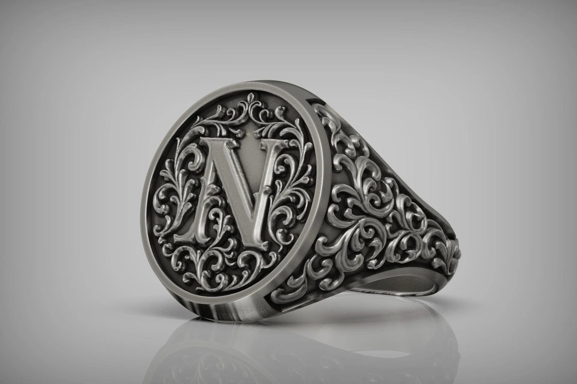 Baroque Scrollwork Letter N Initial Signet Ring — view 4