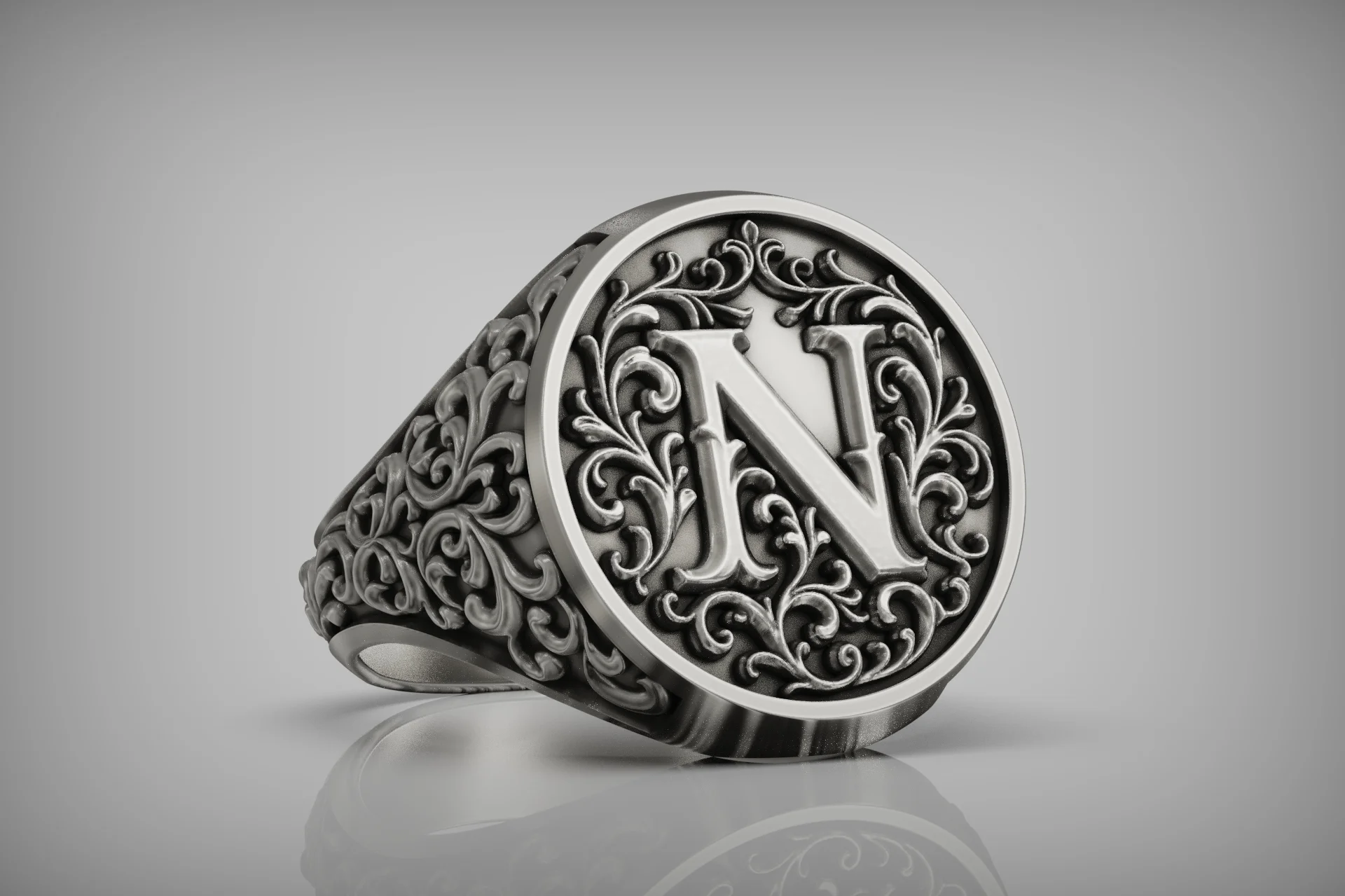 Baroque Scrollwork Letter N Initial Signet Ring — view 3