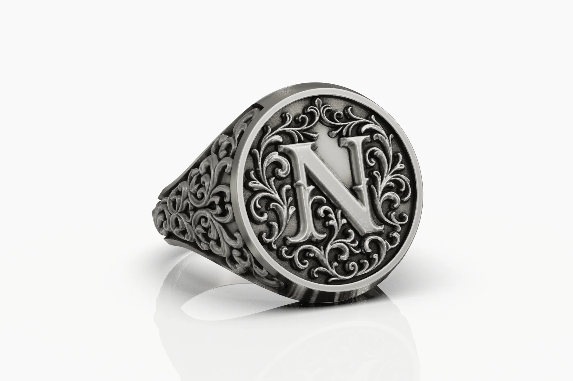 Baroque Scrollwork Letter N Initial Signet Ring — view 6