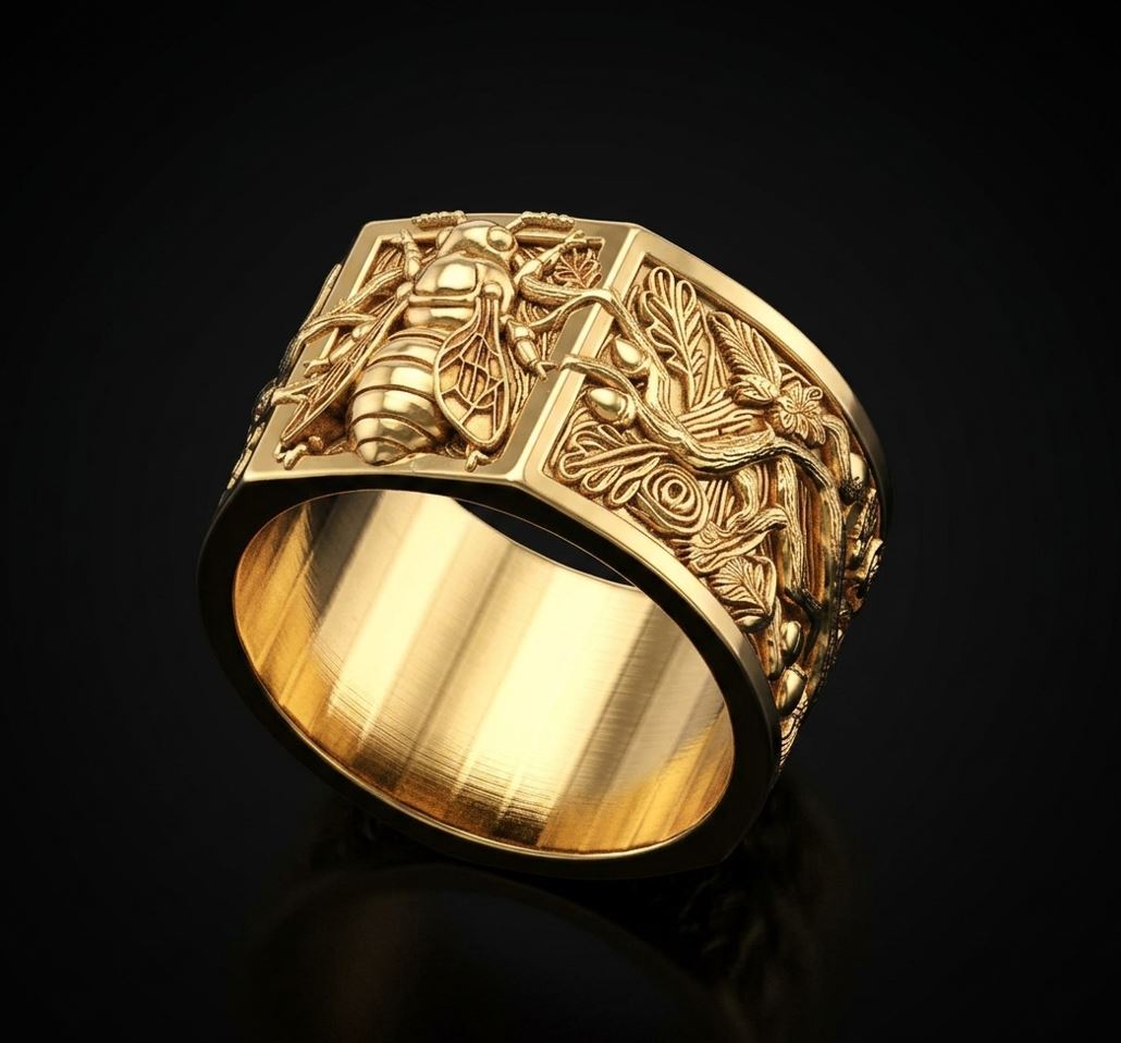 Wide Sculpted Ring with Bee Rose and Oak Relief