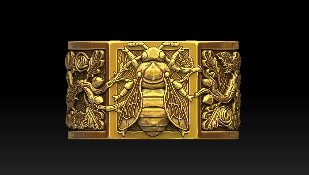 Wide Sculpted Ring with Bee Rose and Oak Relief — view 3