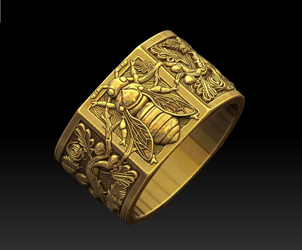 Wide Sculpted Ring with Bee Rose and Oak Relief — view 8