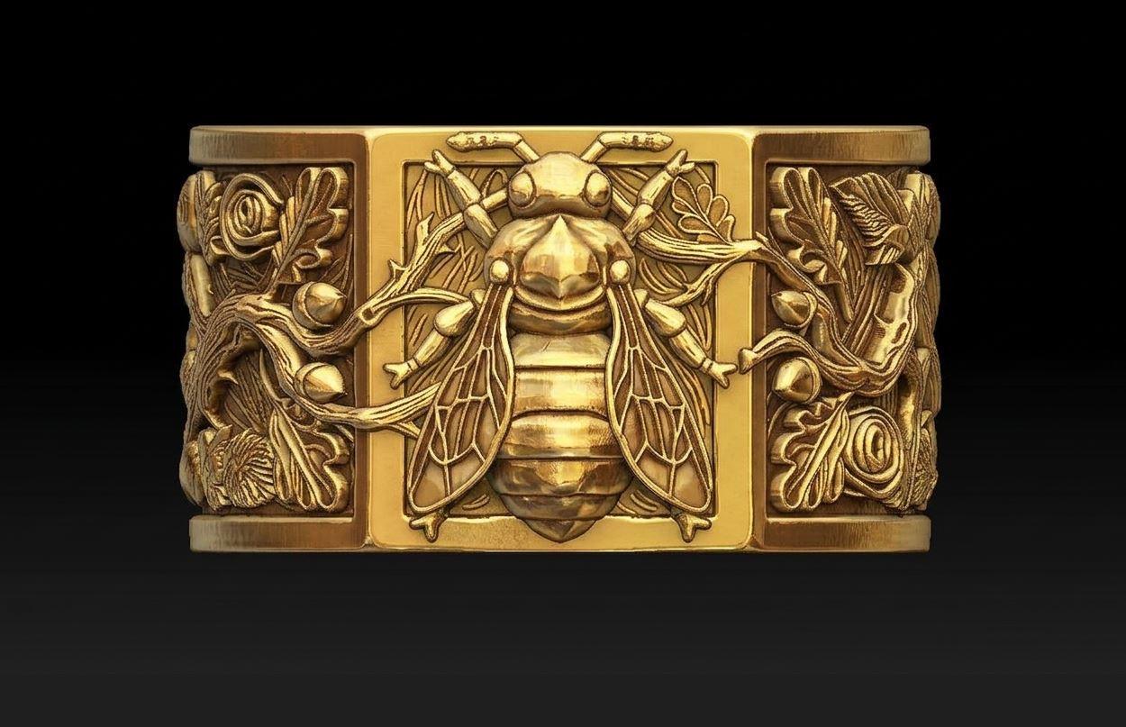 Wide Sculpted Ring with Bee Rose and Oak Relief — view 2