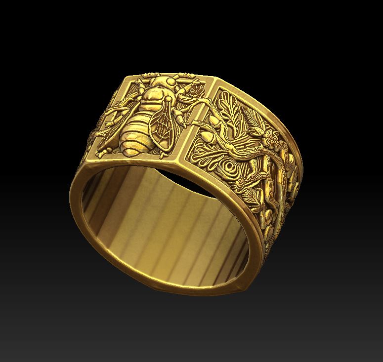 Wide Sculpted Ring with Bee Rose and Oak Relief — view 5