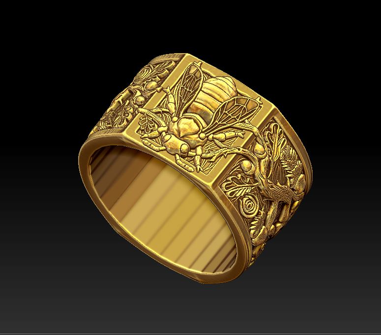 Wide Sculpted Ring with Bee Rose and Oak Relief — view 7