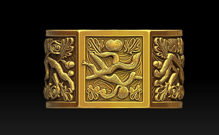 Wide Sculpted Ring with Bee Rose and Oak Relief — view 6