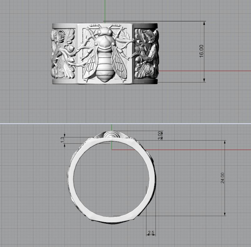 Wide Sculpted Ring with Bee Rose and Oak Relief — view 4