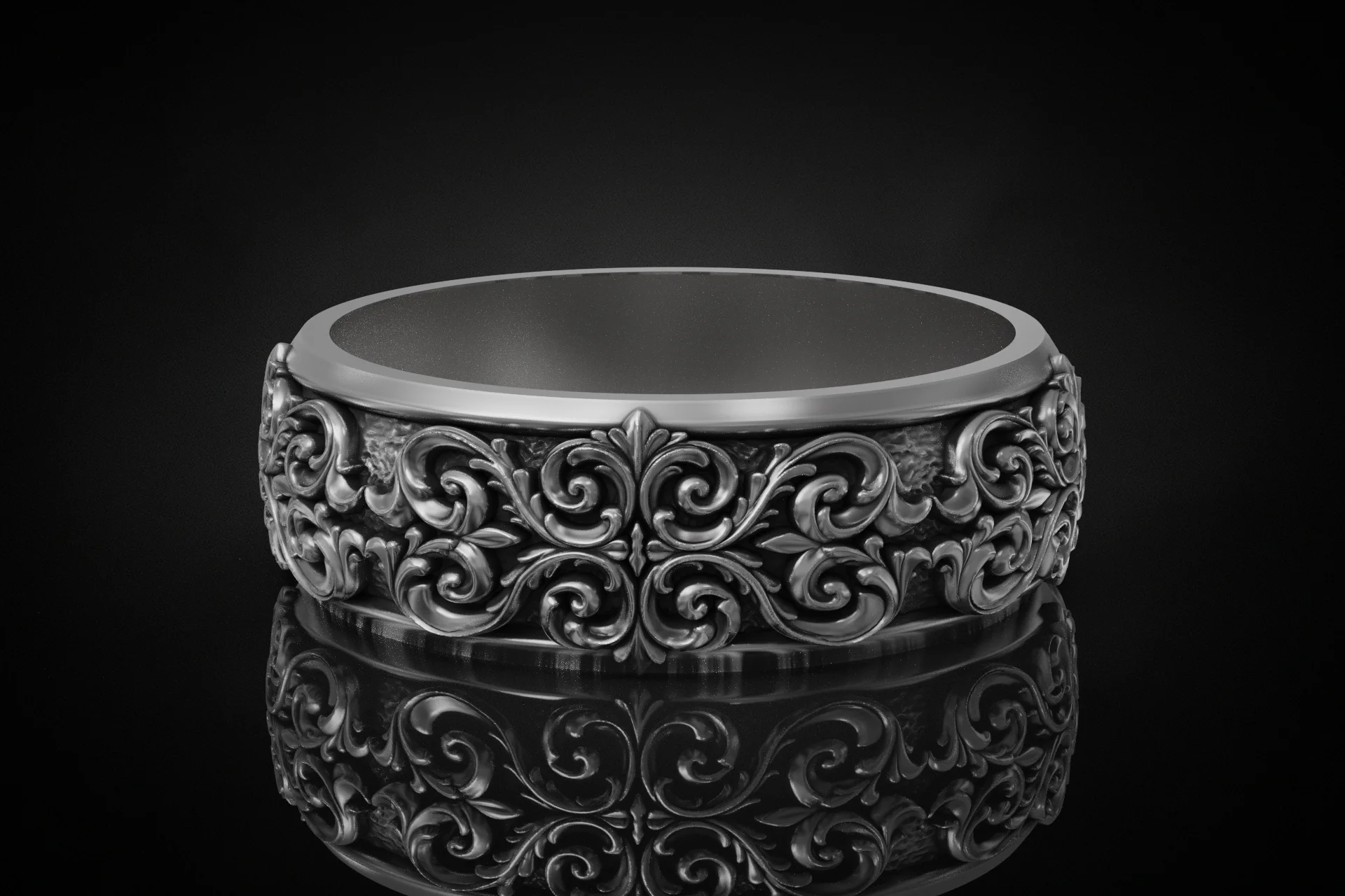 Ornate Floral Scrollwork Wedding Band Ring — view 2