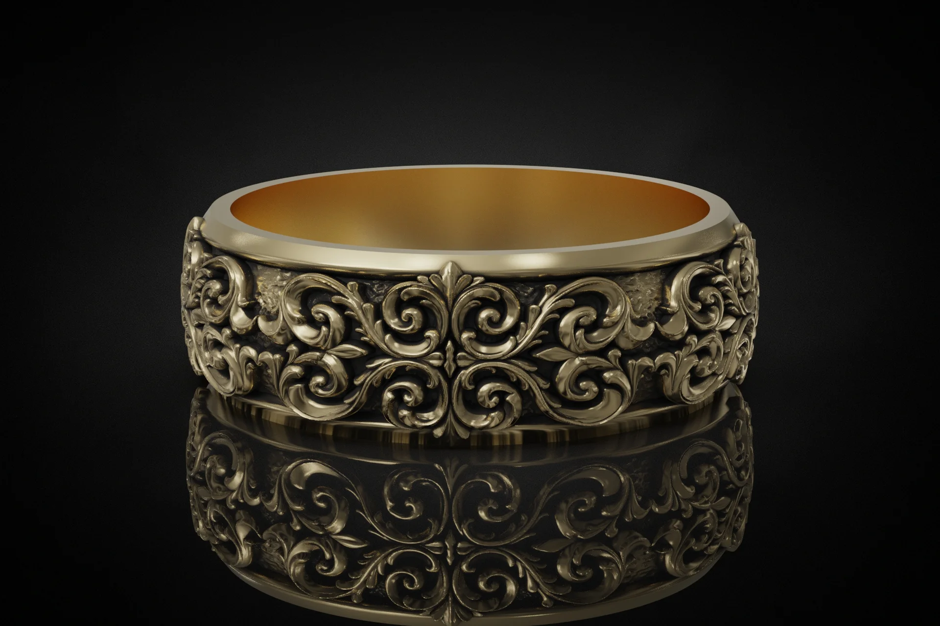 Ornate Floral Scrollwork Wedding Band Ring