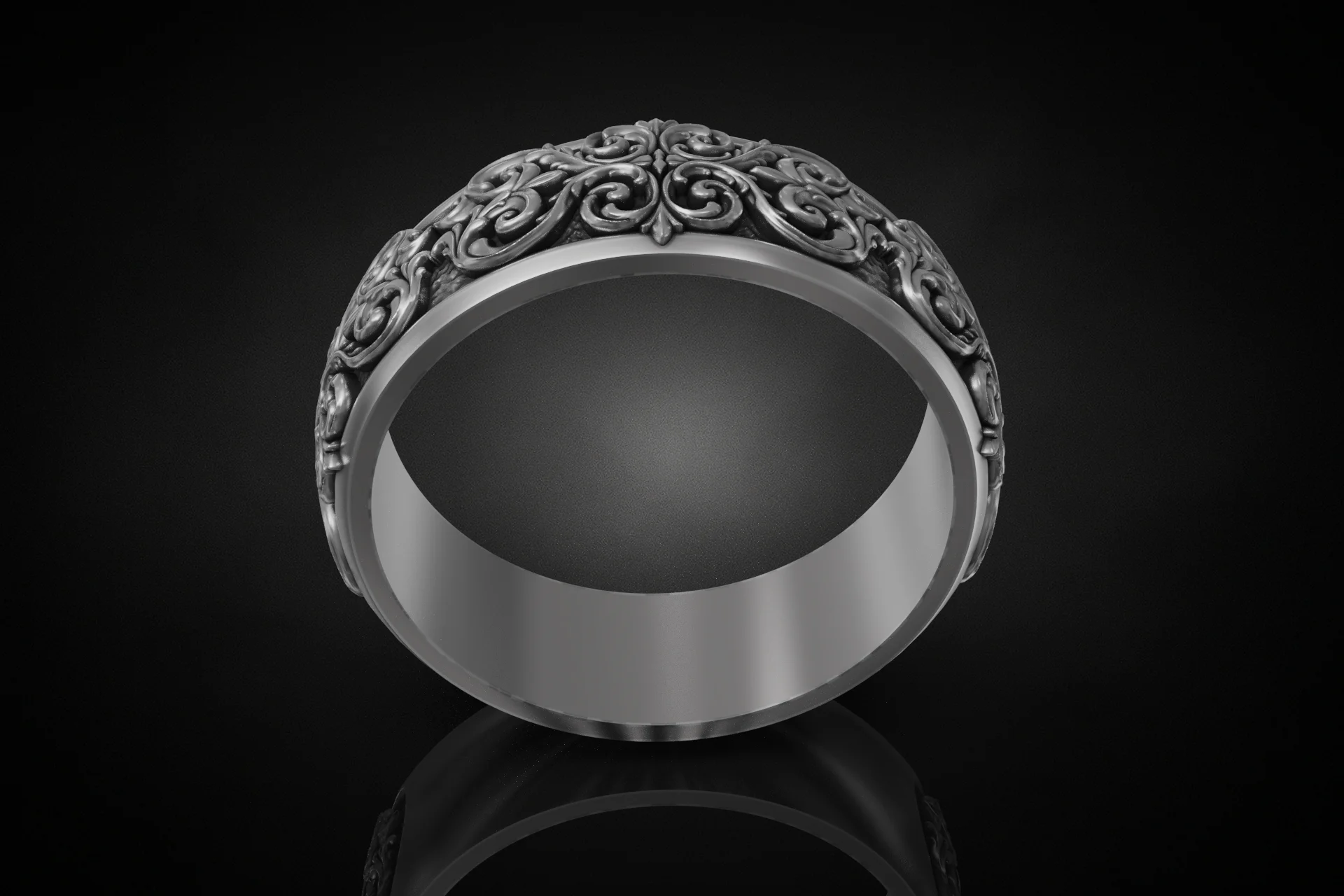 Ornate Floral Scrollwork Wedding Band Ring — view 4