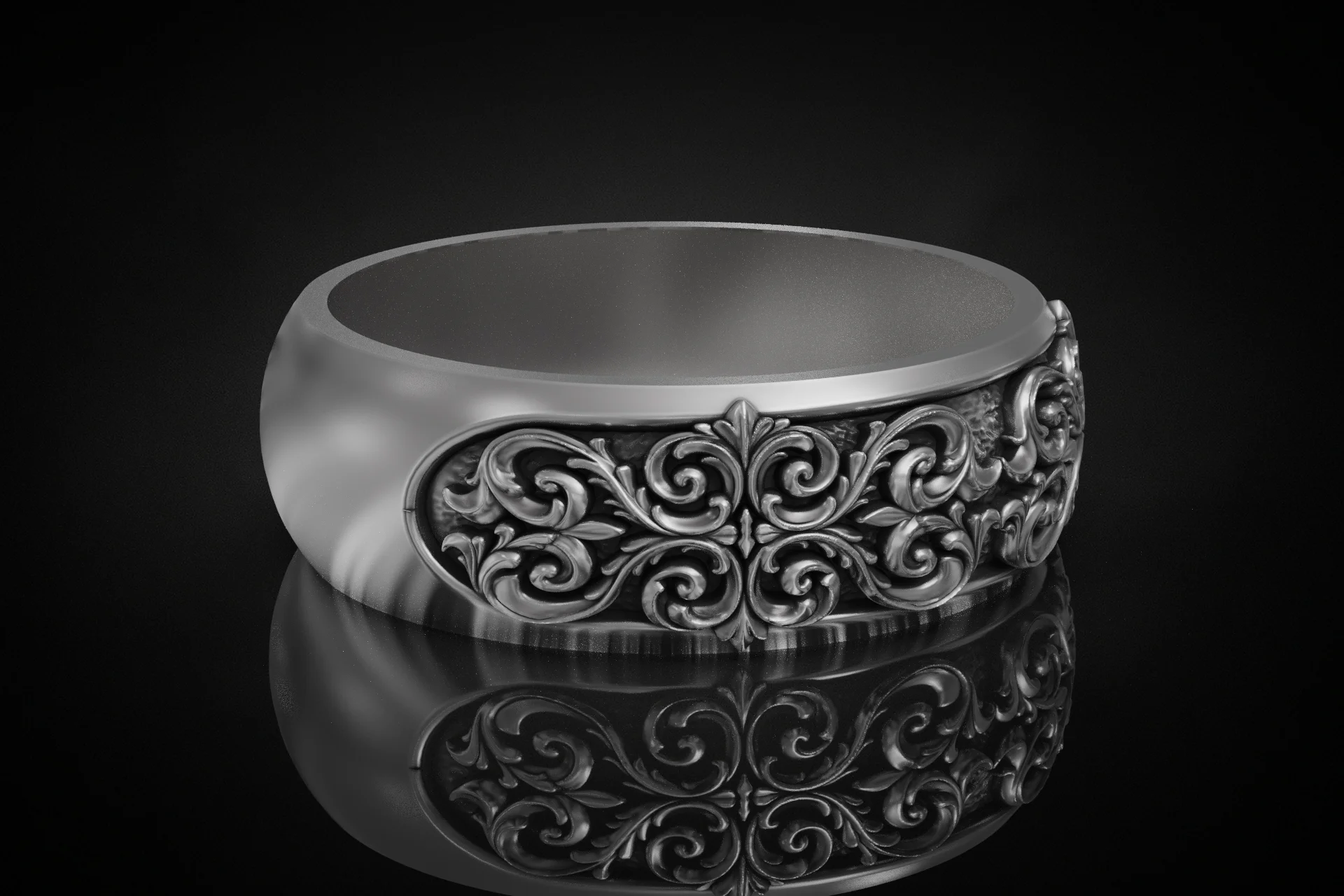 Ornate Floral Scrollwork Wedding Band Ring — view 5
