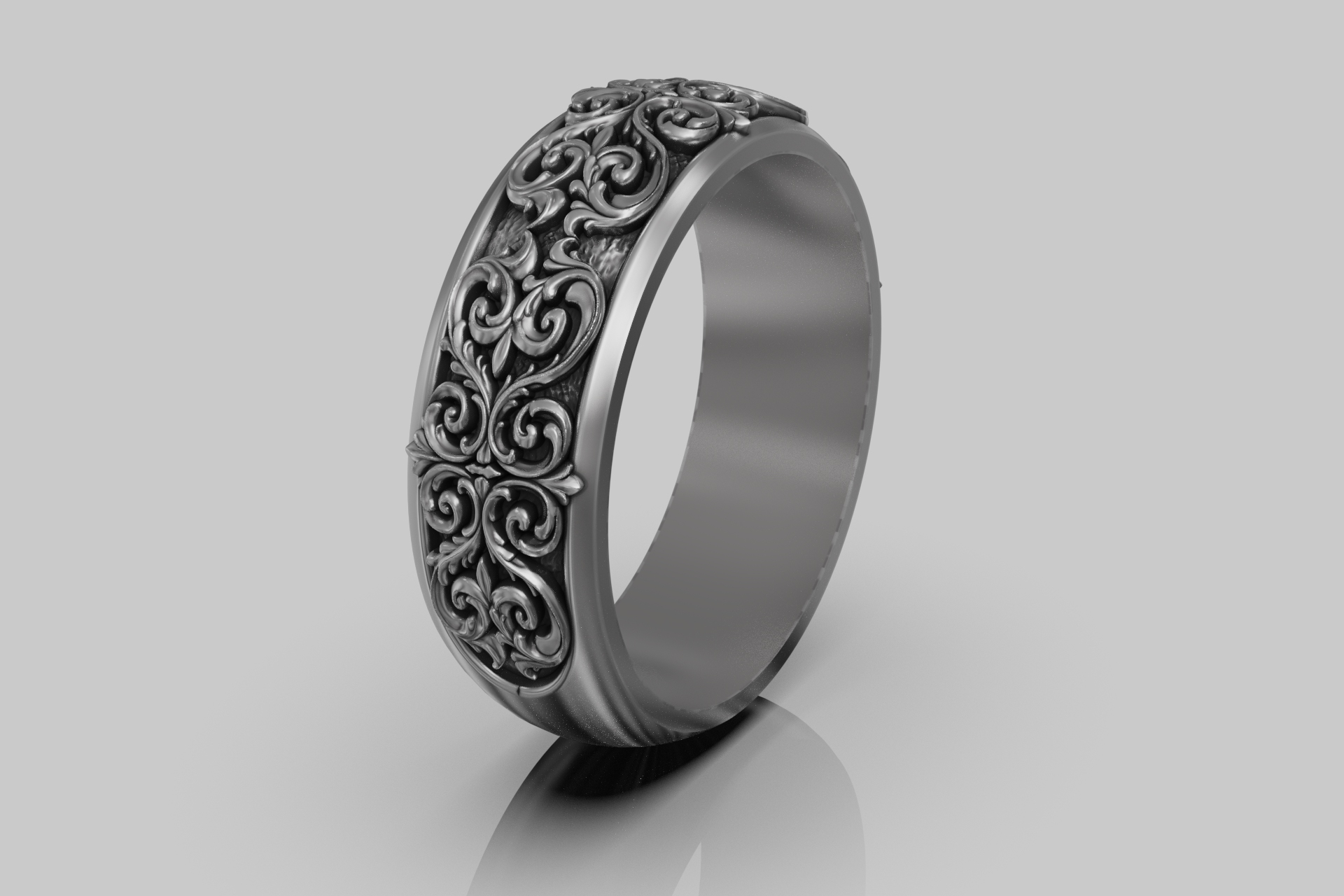 Ornate Floral Scrollwork Wedding Band Ring — view 7