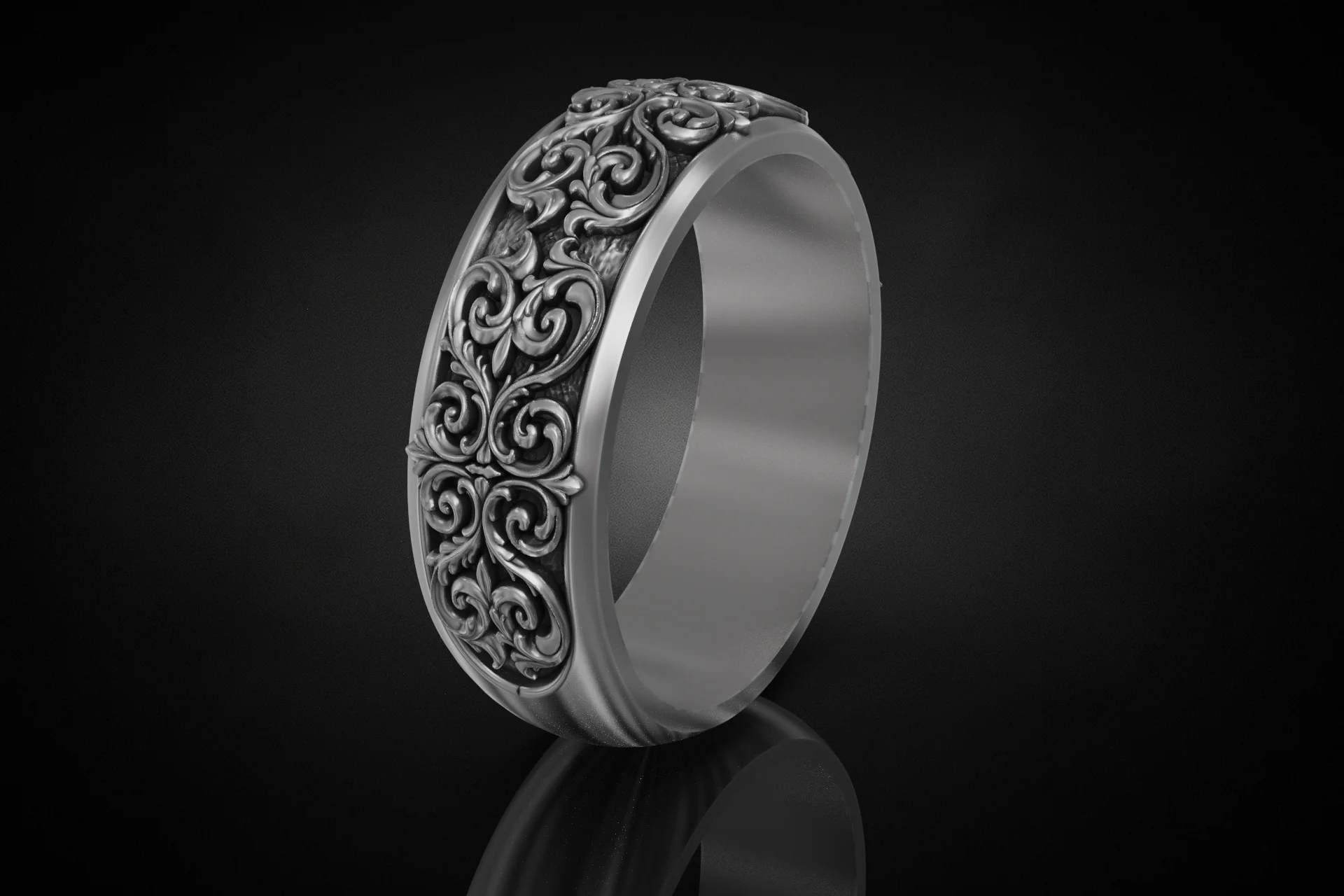 Ornate Floral Scrollwork Wedding Band Ring — view 3