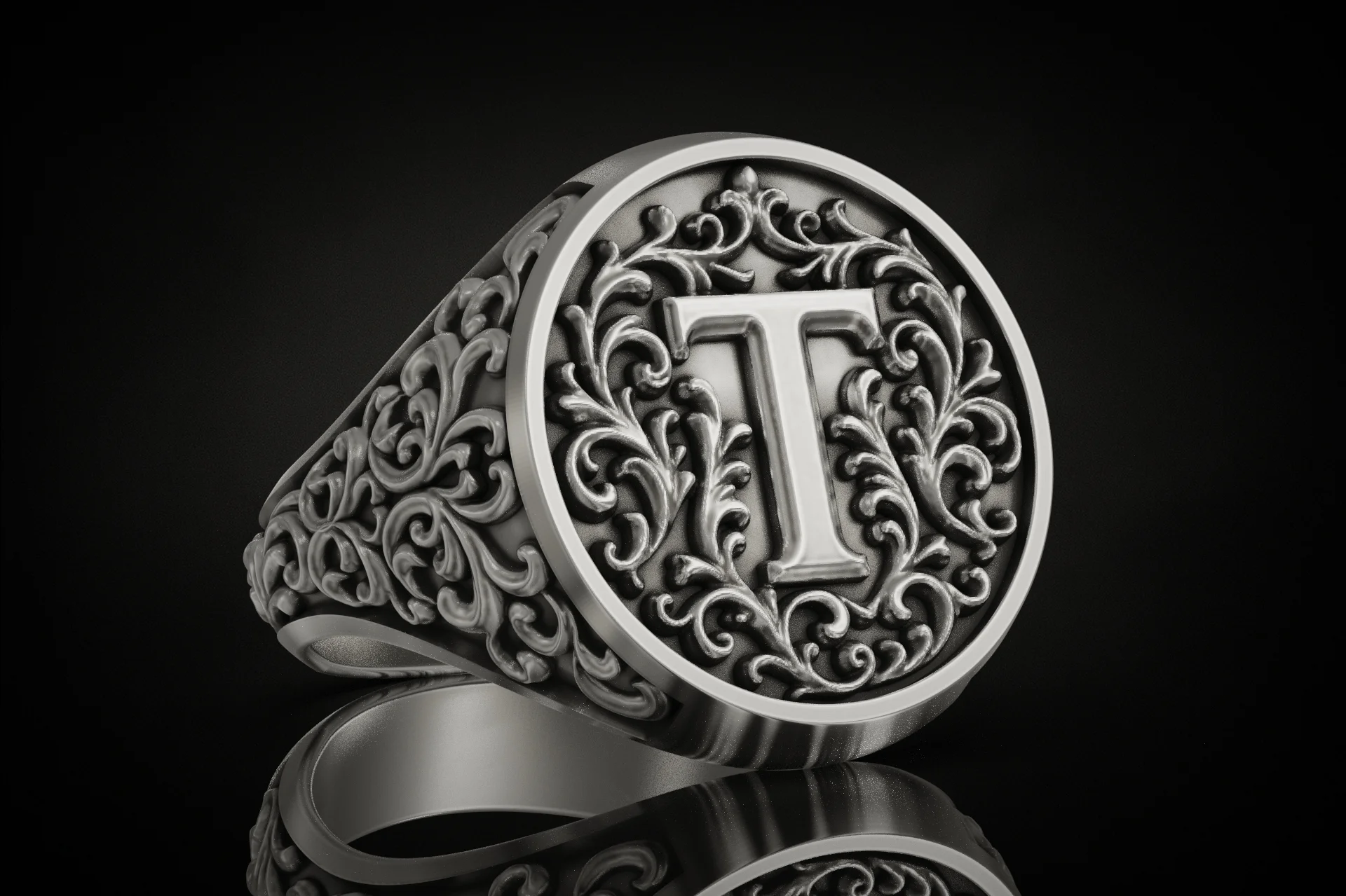 Ornate Acanthus Scroll Letter T Initial Signet Ring
