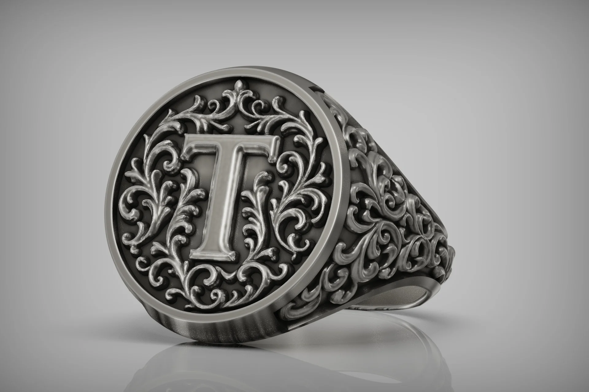 Ornate Acanthus Scroll Letter T Initial Signet Ring — view 4