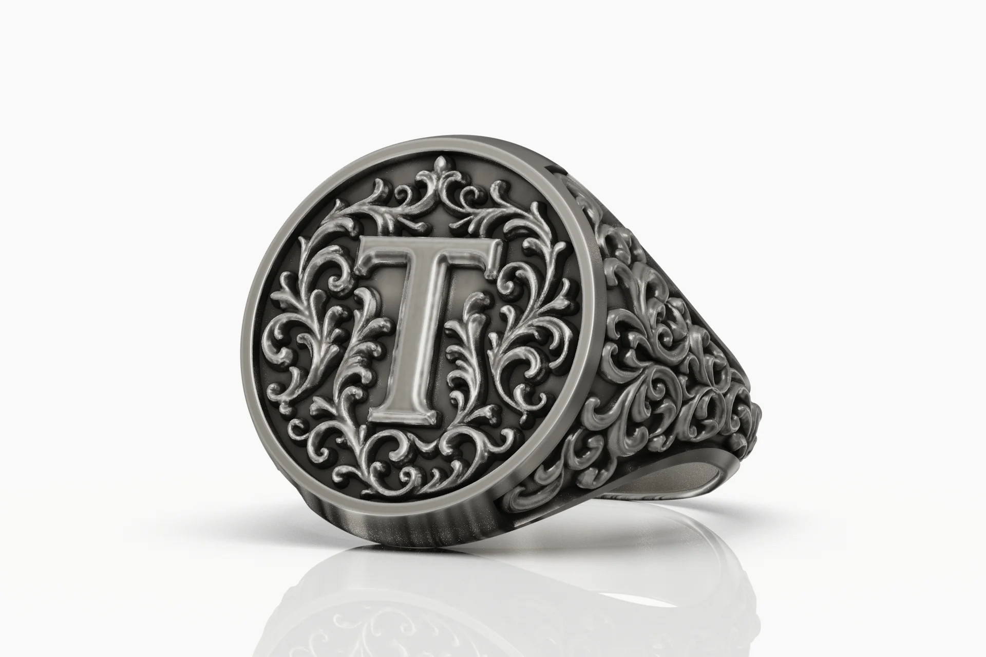 Ornate Acanthus Scroll Letter T Initial Signet Ring — view 5