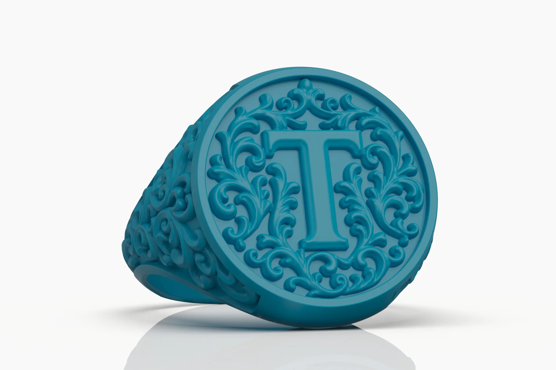 Ornate Acanthus Scroll Letter T Initial Signet Ring — view 7