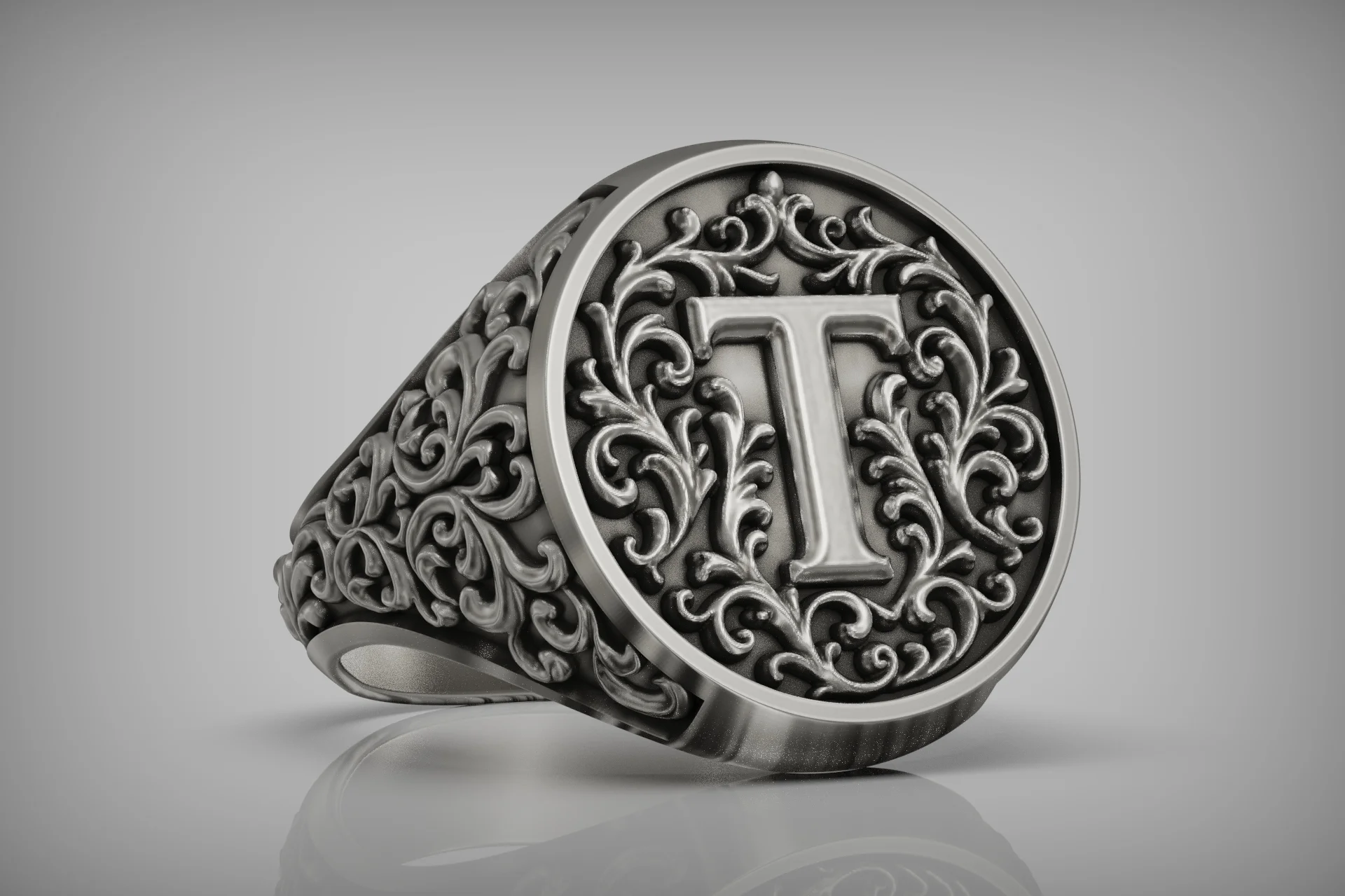 Ornate Acanthus Scroll Letter T Initial Signet Ring — view 3