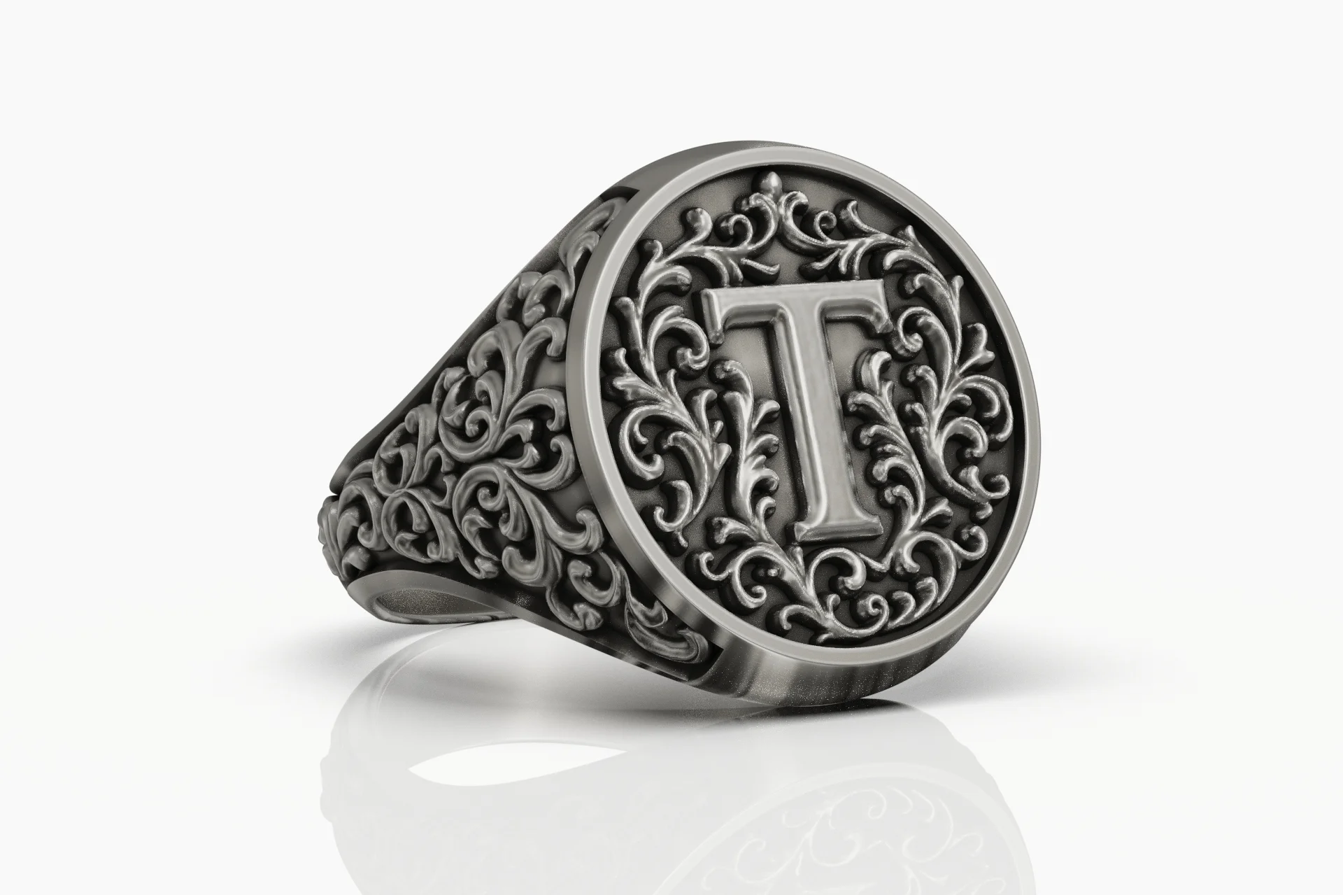 Ornate Acanthus Scroll Letter T Initial Signet Ring — view 6