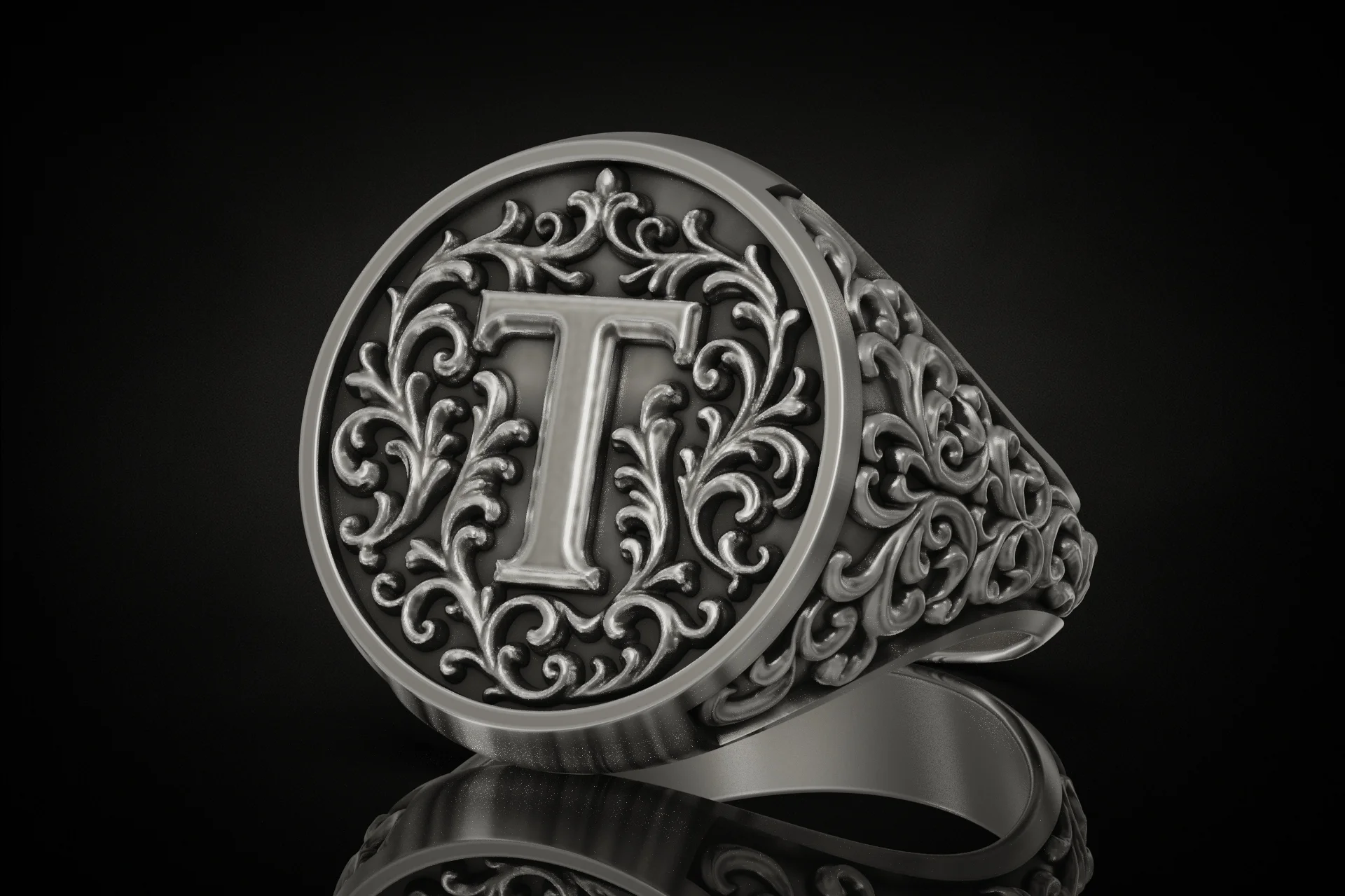 Ornate Acanthus Scroll Letter T Initial Signet Ring — view 2
