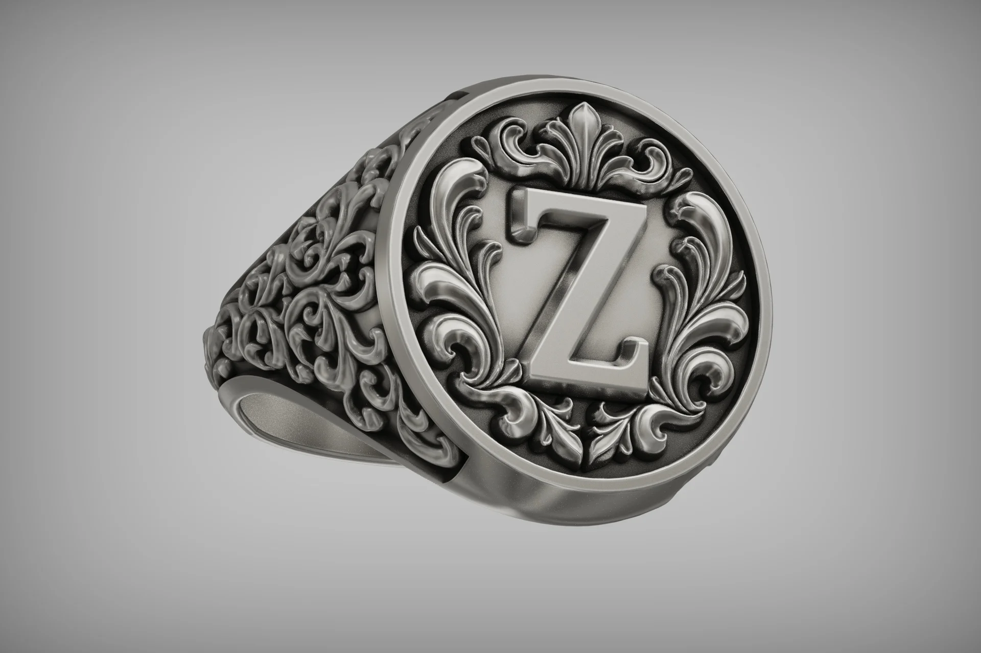 Baroque Acanthus Scroll Initial Z Signet Ring — view 4