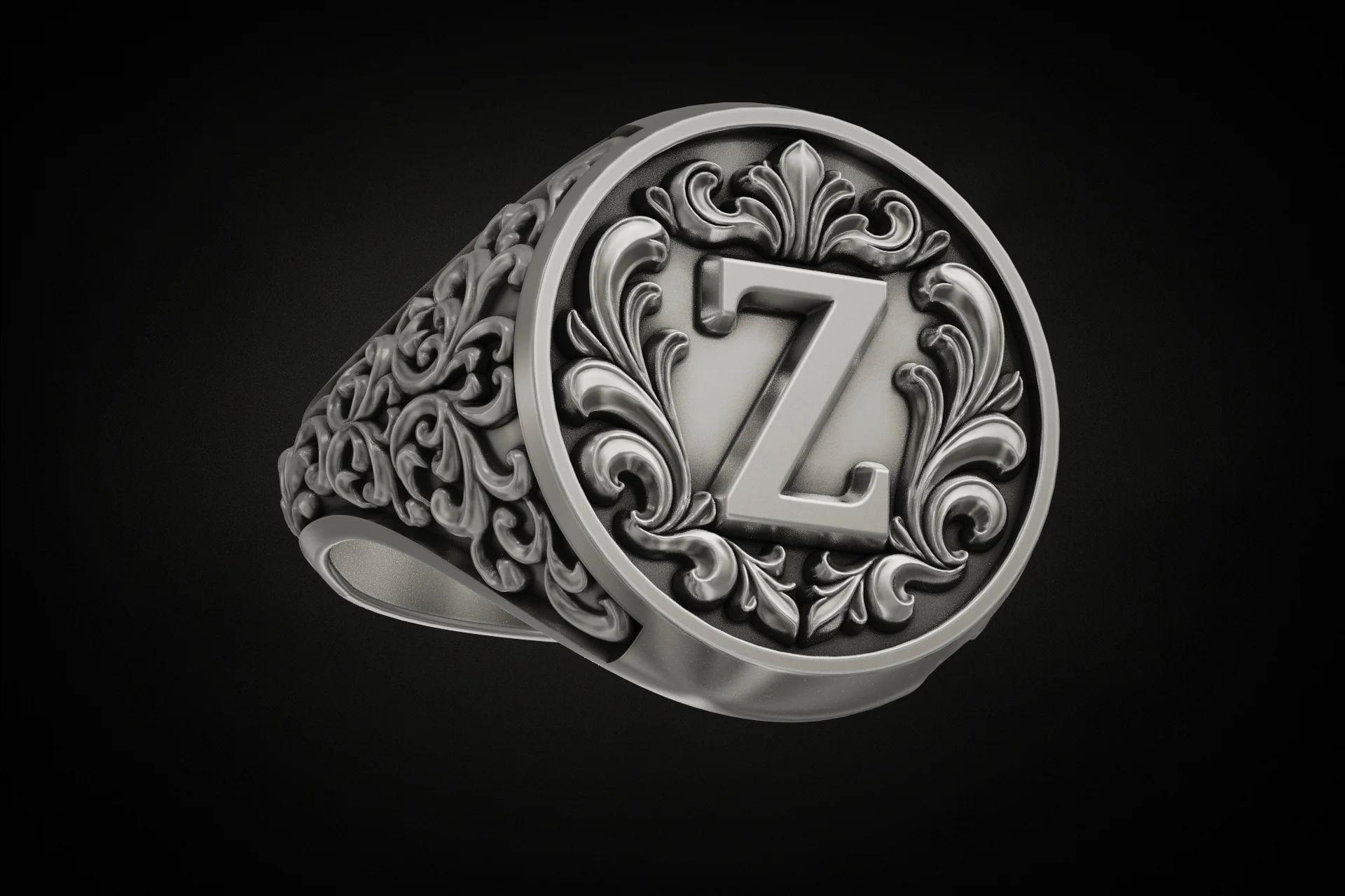 Baroque Acanthus Scroll Initial Z Signet Ring — view 2