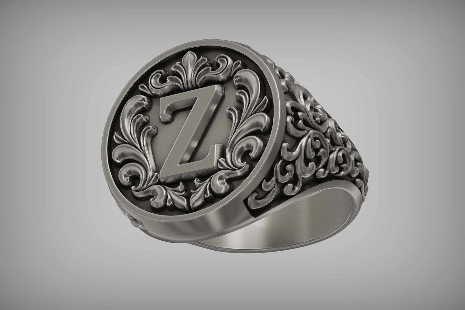 Baroque Acanthus Scroll Initial Z Signet Ring — view 5