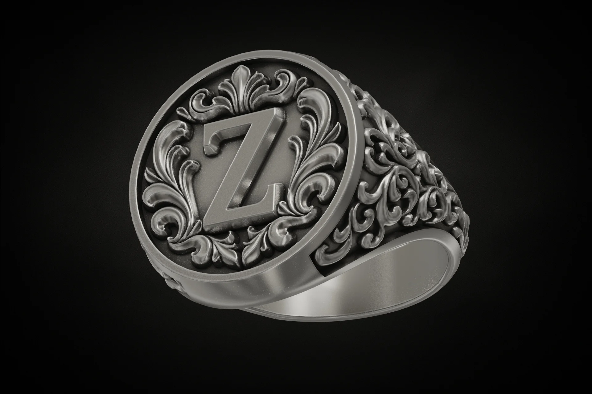 Baroque Acanthus Scroll Initial Z Signet Ring