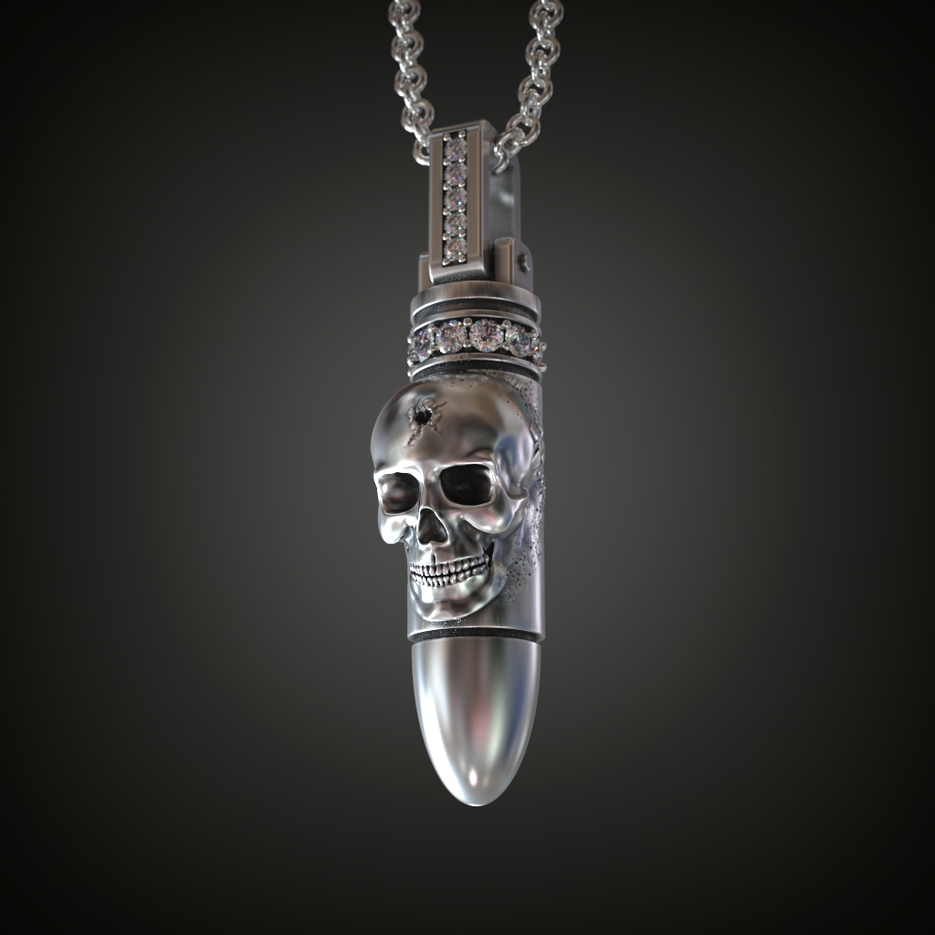 Gothic Skull Bullet Pendant with Gem Set Bail