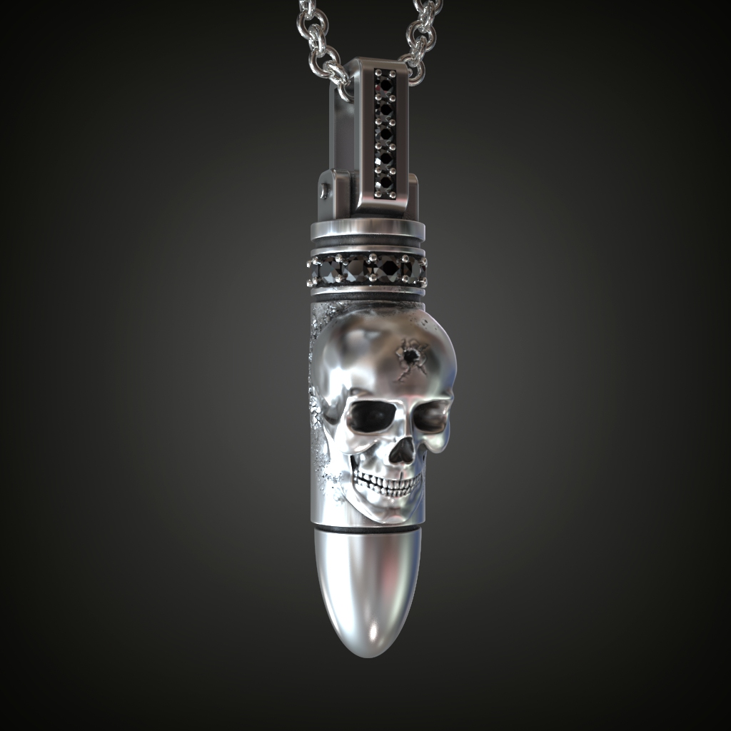 Gothic Skull Bullet Pendant with Gem Set Bail — view 2