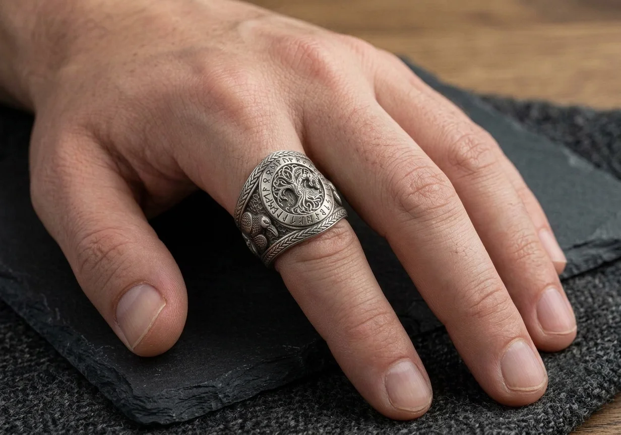 Viking Yggdrasil Tree of Life Ring with Odin's Ravens — view 3