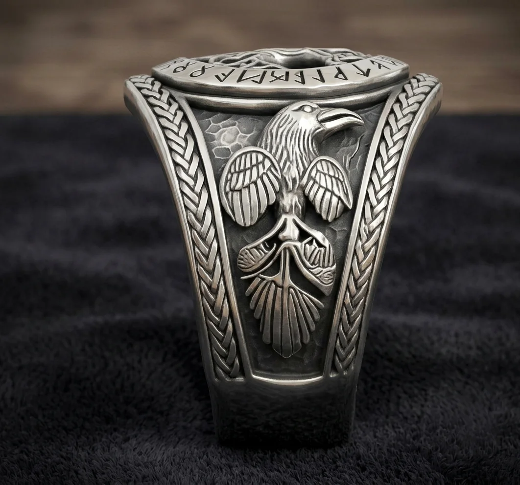 Viking Yggdrasil Tree of Life Ring with Odin's Ravens — view 2