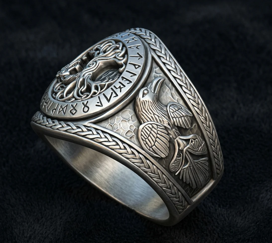 Viking Yggdrasil Tree of Life Ring with Odin's Ravens — view 5
