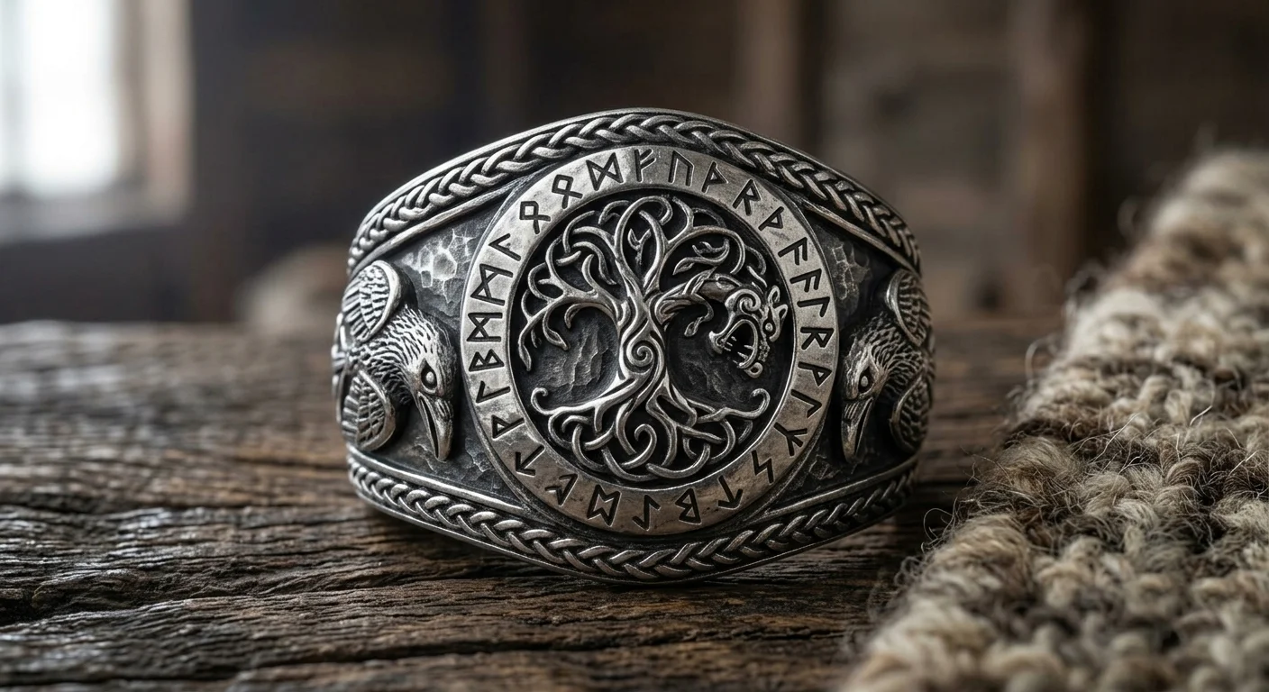 Viking Yggdrasil Tree of Life Ring with Odin's Ravens