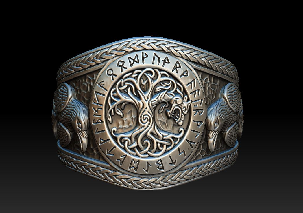 Viking Yggdrasil Tree of Life Ring with Odin's Ravens — view 6