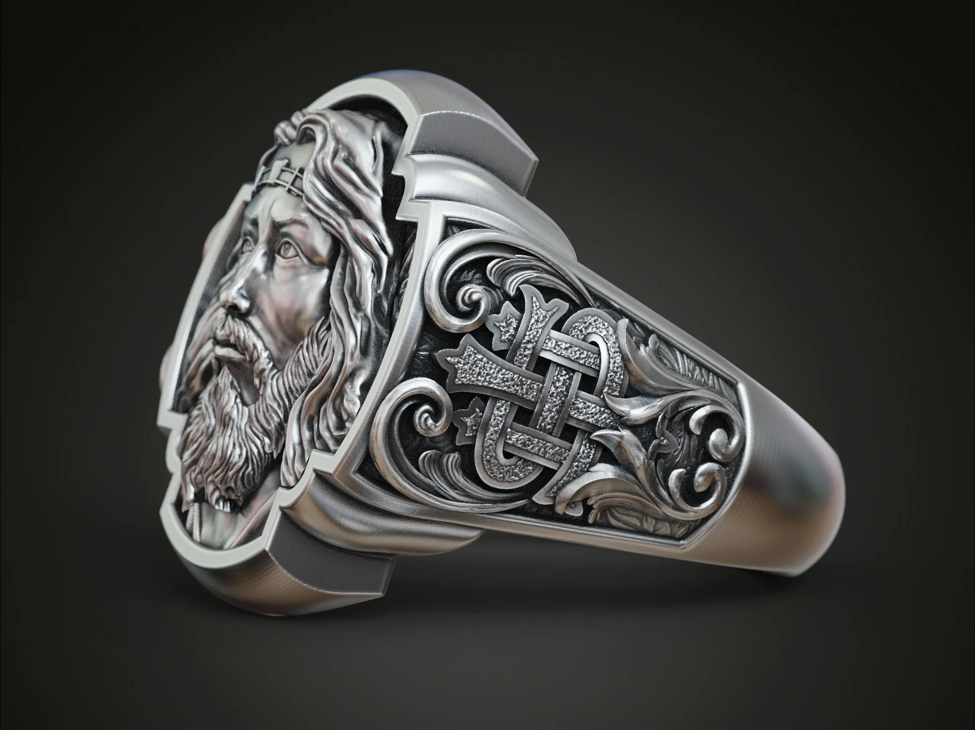 Religious High-Relief Jesus Portrait Signet Ring — view 4