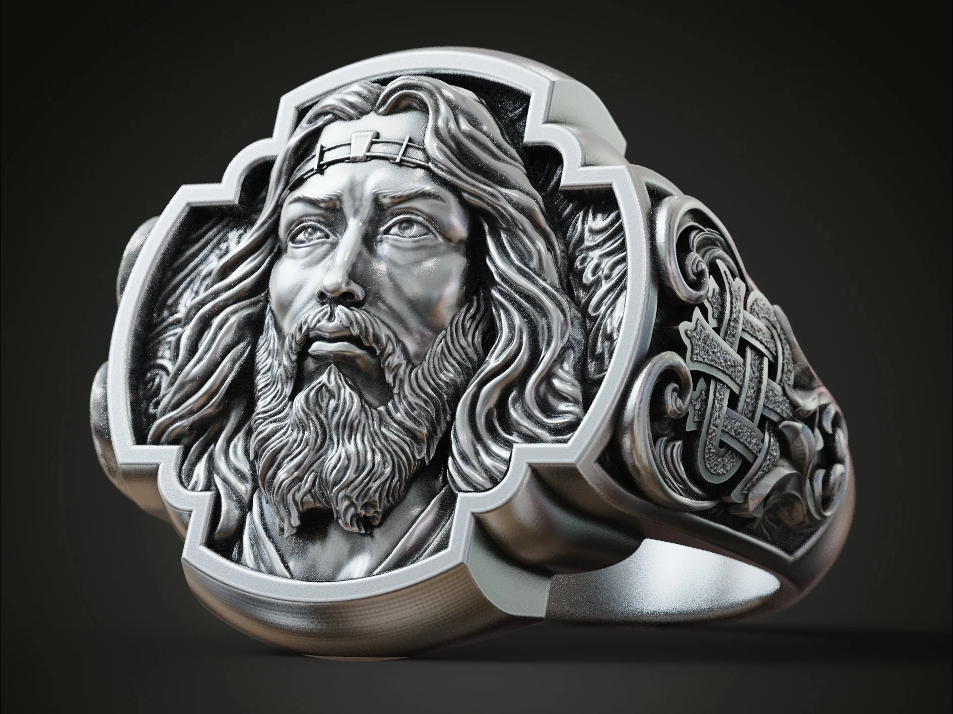 Religious High-Relief Jesus Portrait Signet Ring — view 3