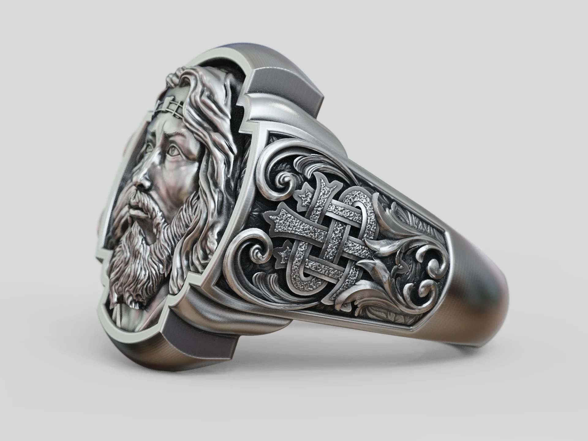 Religious High-Relief Jesus Portrait Signet Ring — view 6