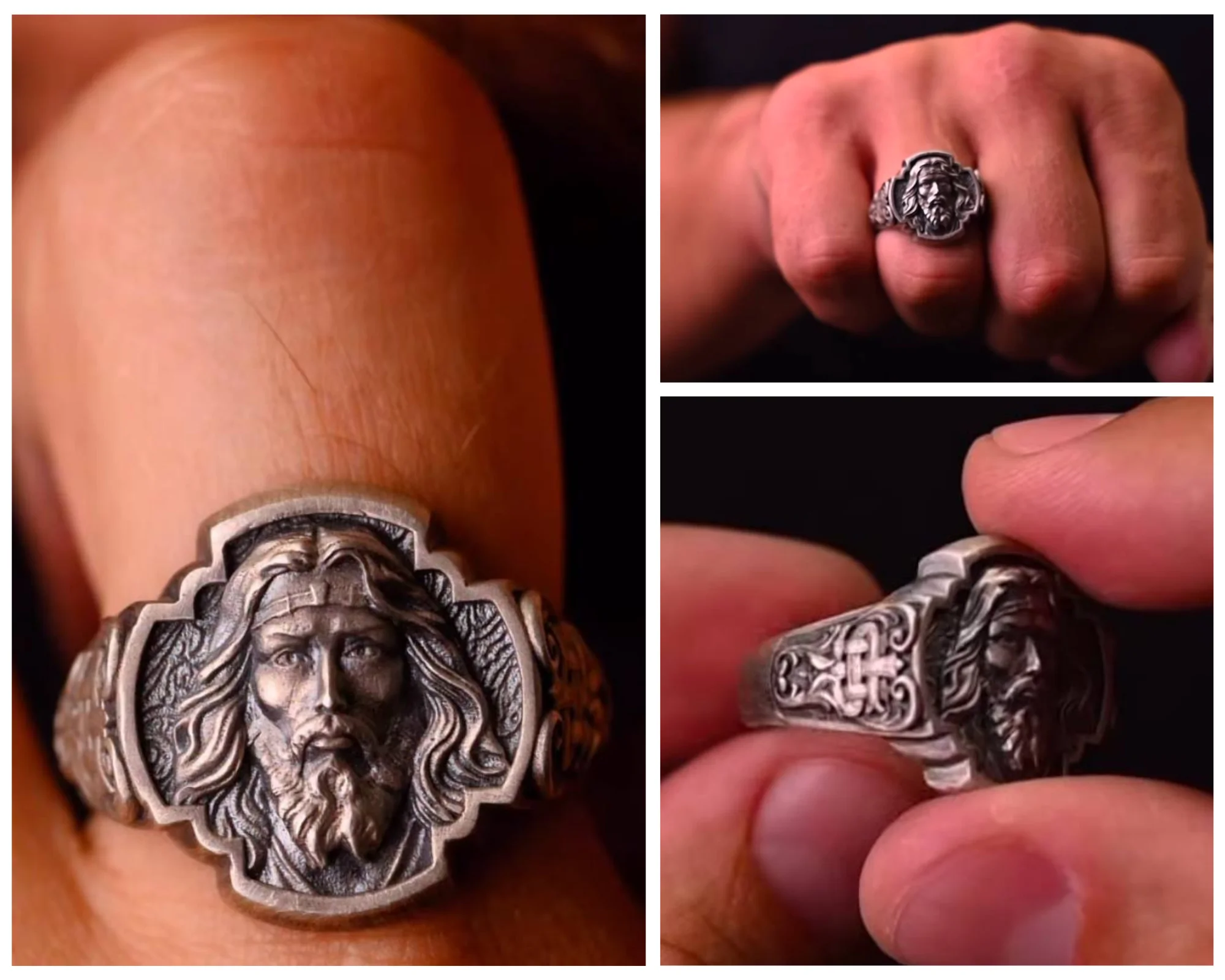 Religious High-Relief Jesus Portrait Signet Ring — view 2