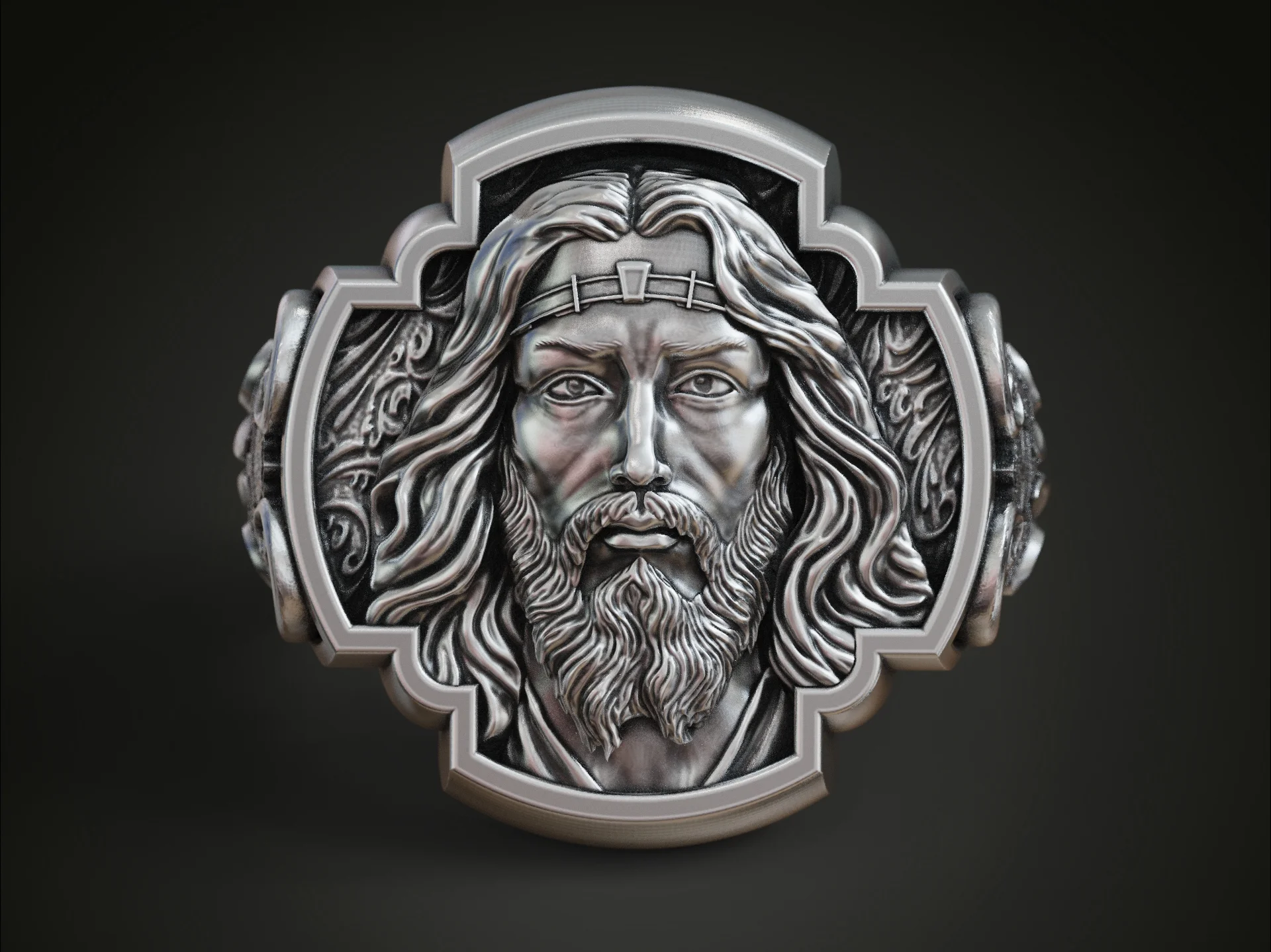 Religious High-Relief Jesus Portrait Signet Ring — view 5