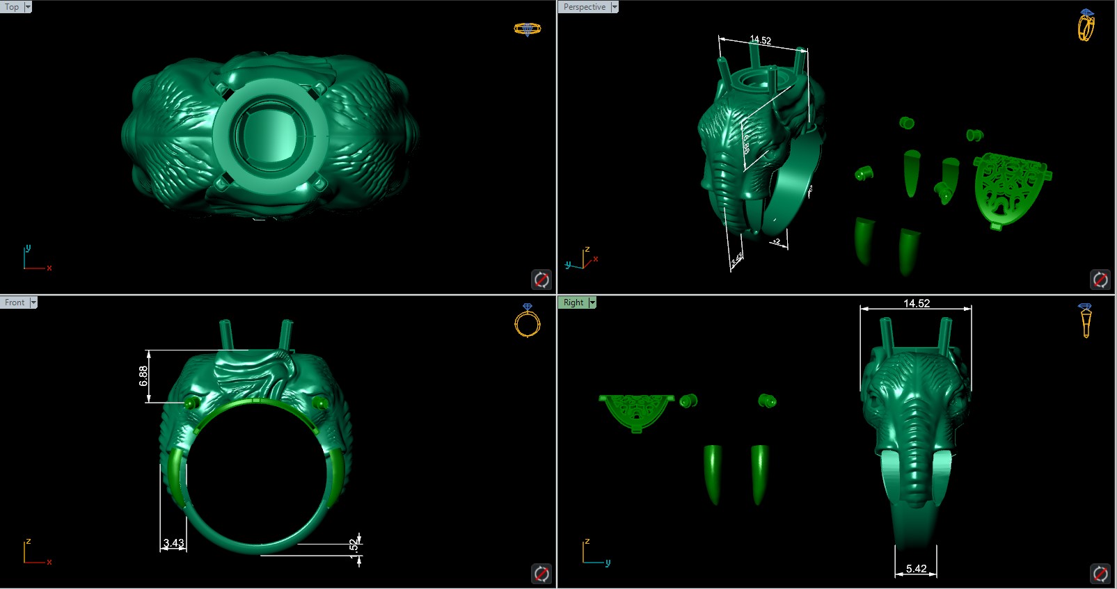 Sculptural Elephant Head Ring with Crown Setting — view 6