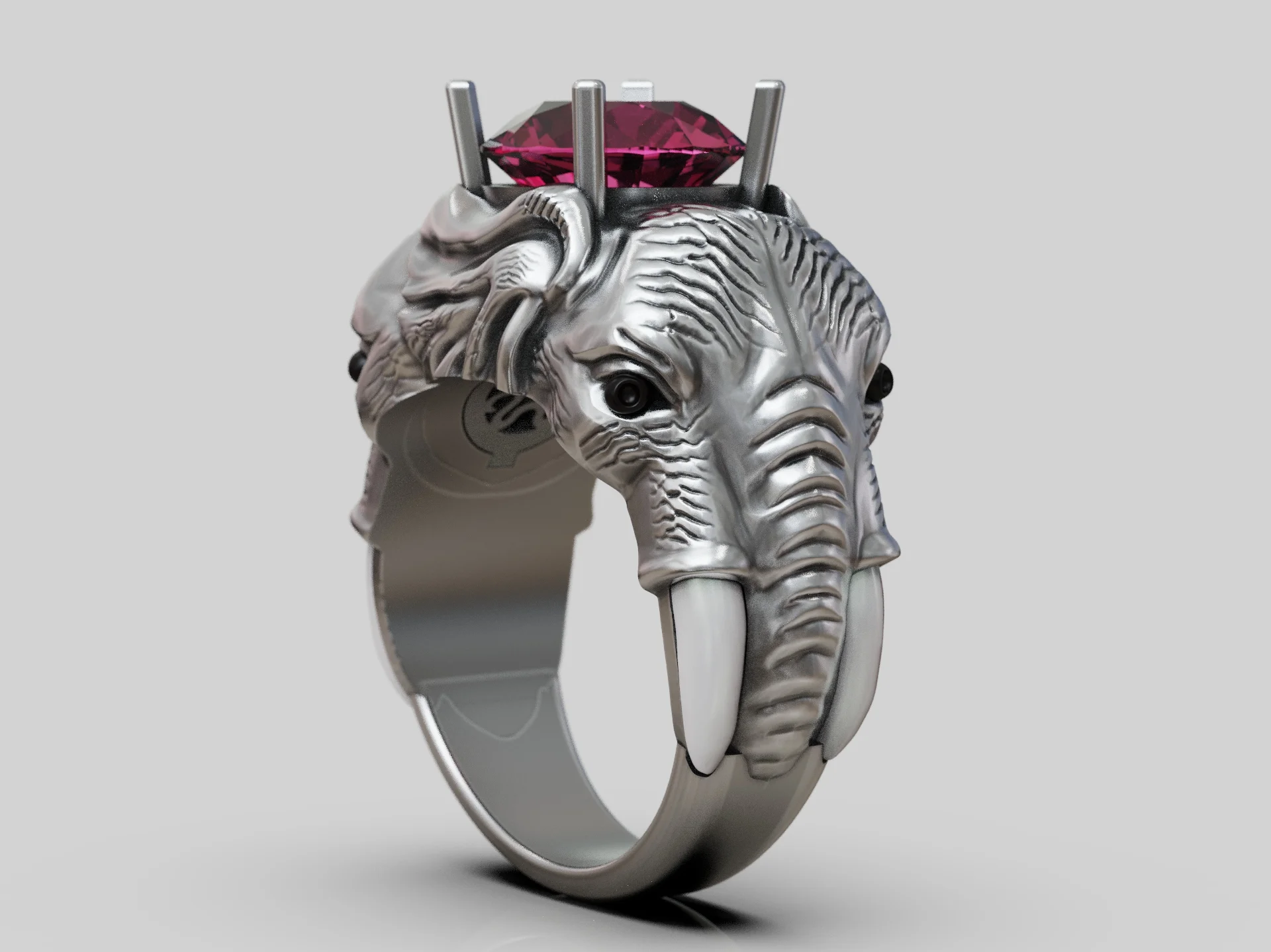 Sculptural Elephant Head Ring with Crown Setting