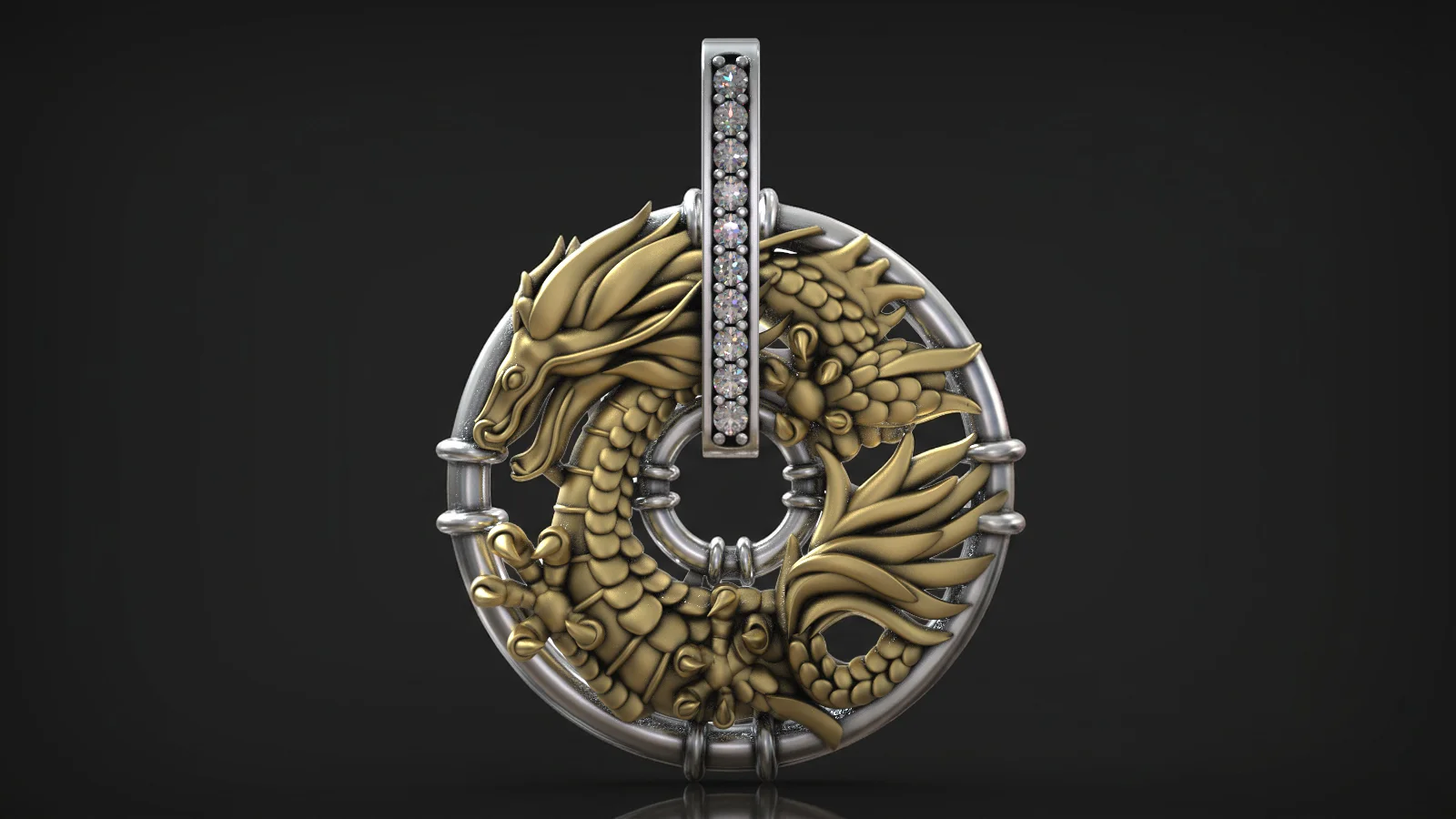 Chinese Circular Pendant with Diamond Bail Oriental Dragon — view 2